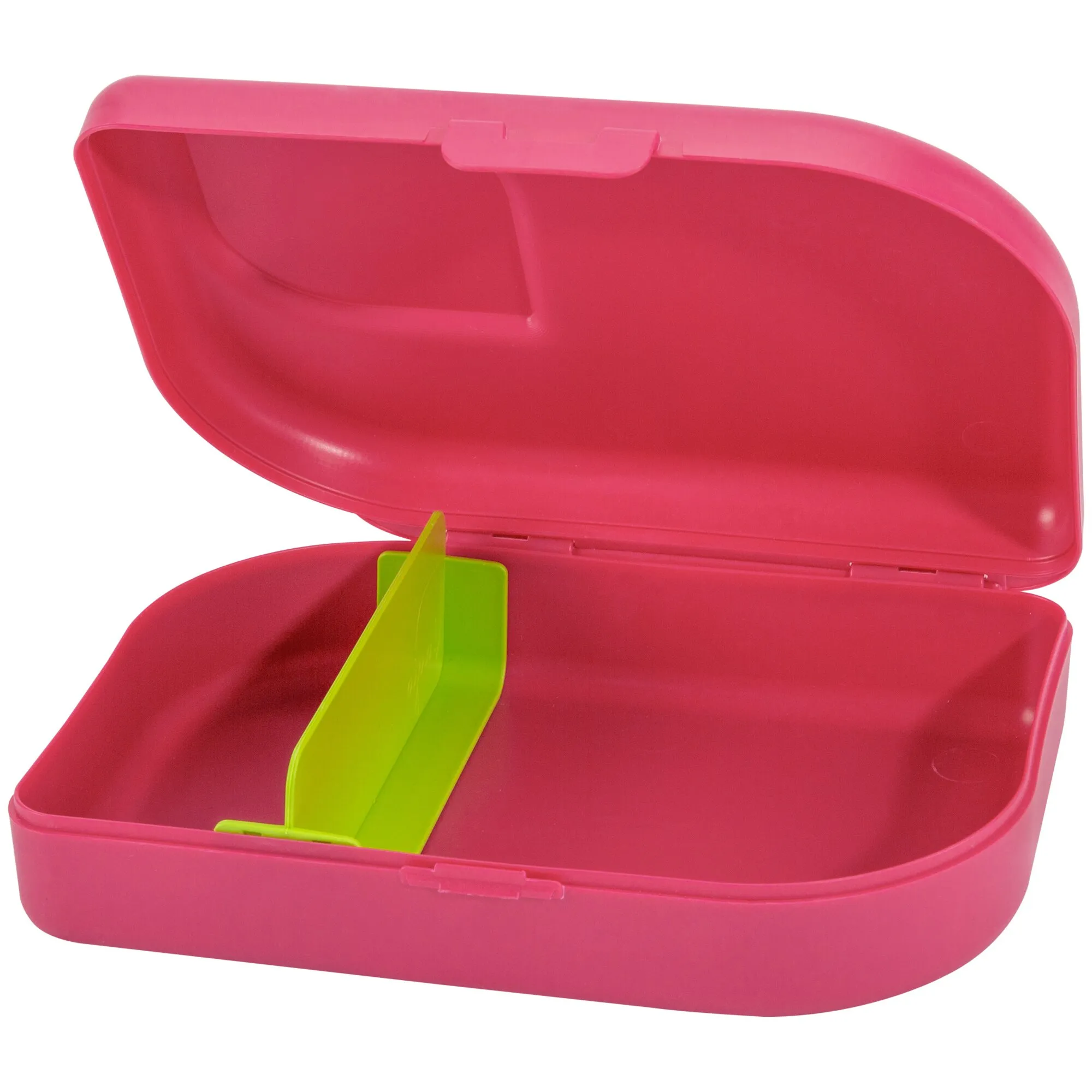 Geöffnete pinke Brotbox aus Kunststoff mit grünem herausnehmbarem Trenneinsatz und praktischem Verschluss lodger mechanism