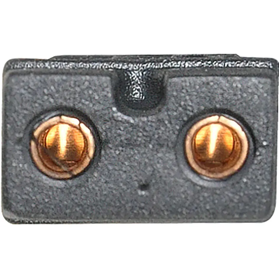 Schwarzer Klemmenblock aus Kunststoff mit zwei goldfarbenen Schraubklemmen, Detail eines Anschlusskabels für thermoelektrische Kühlboxen