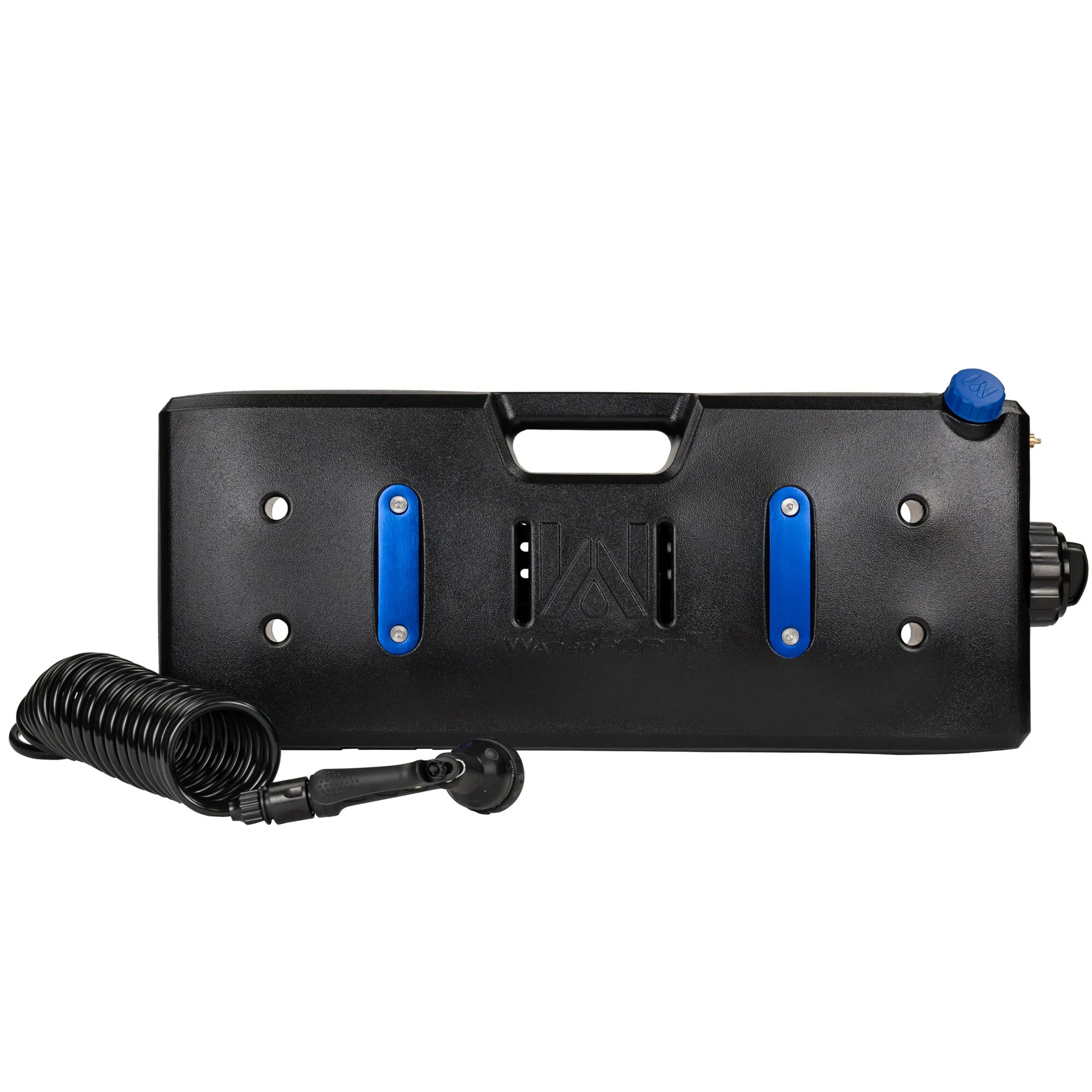 Schwarzer flacher Wassertank 5.0 mit blauem Verschluss, Tragegriff, Anschlüssen sowie Spiralschlauch und Handbrause