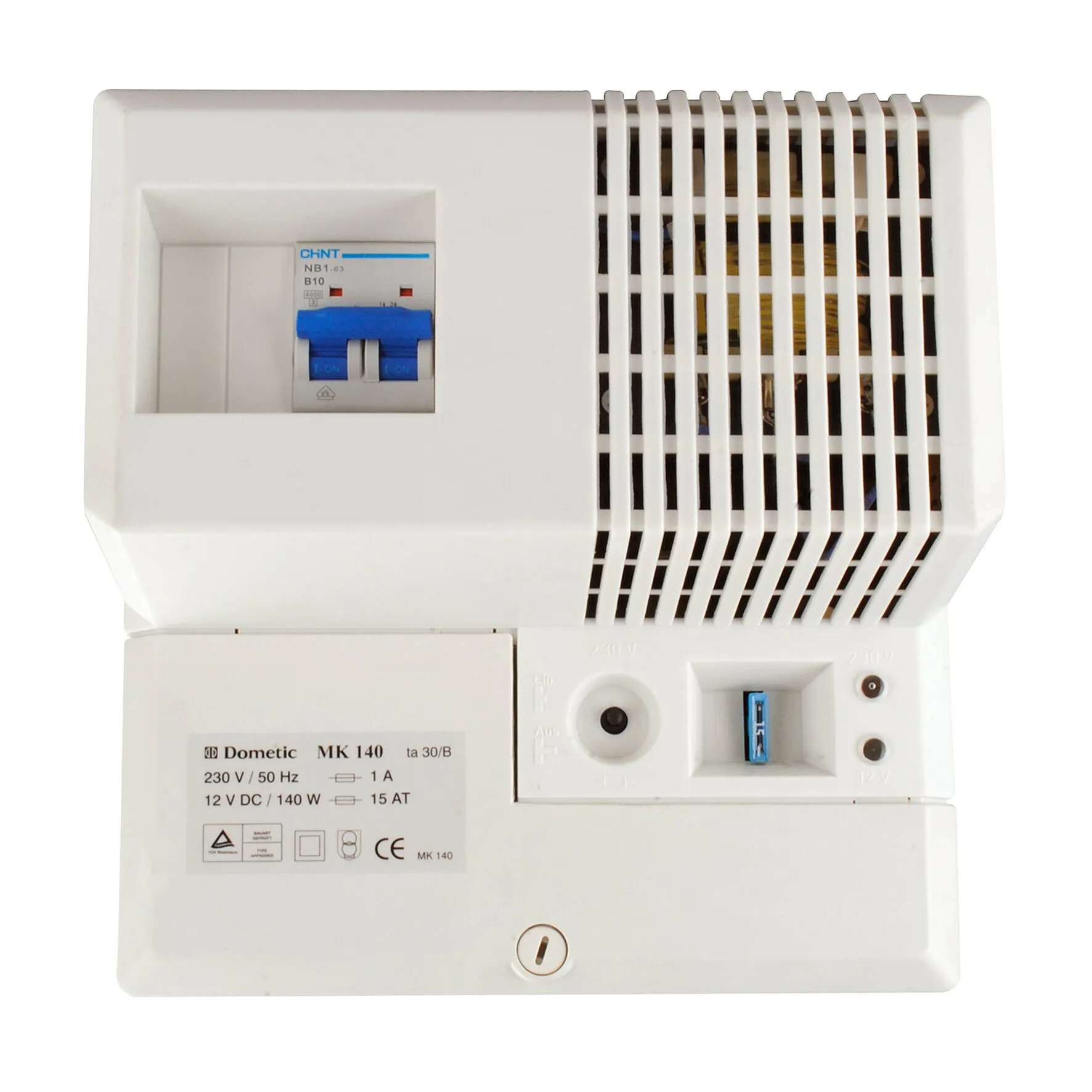 Weißer Sicherungskasten mit Dometic-Umformer MK 140, 230-Volt-Schutzschalter, 12-Volt-Ausgang und Lüftungsgitter