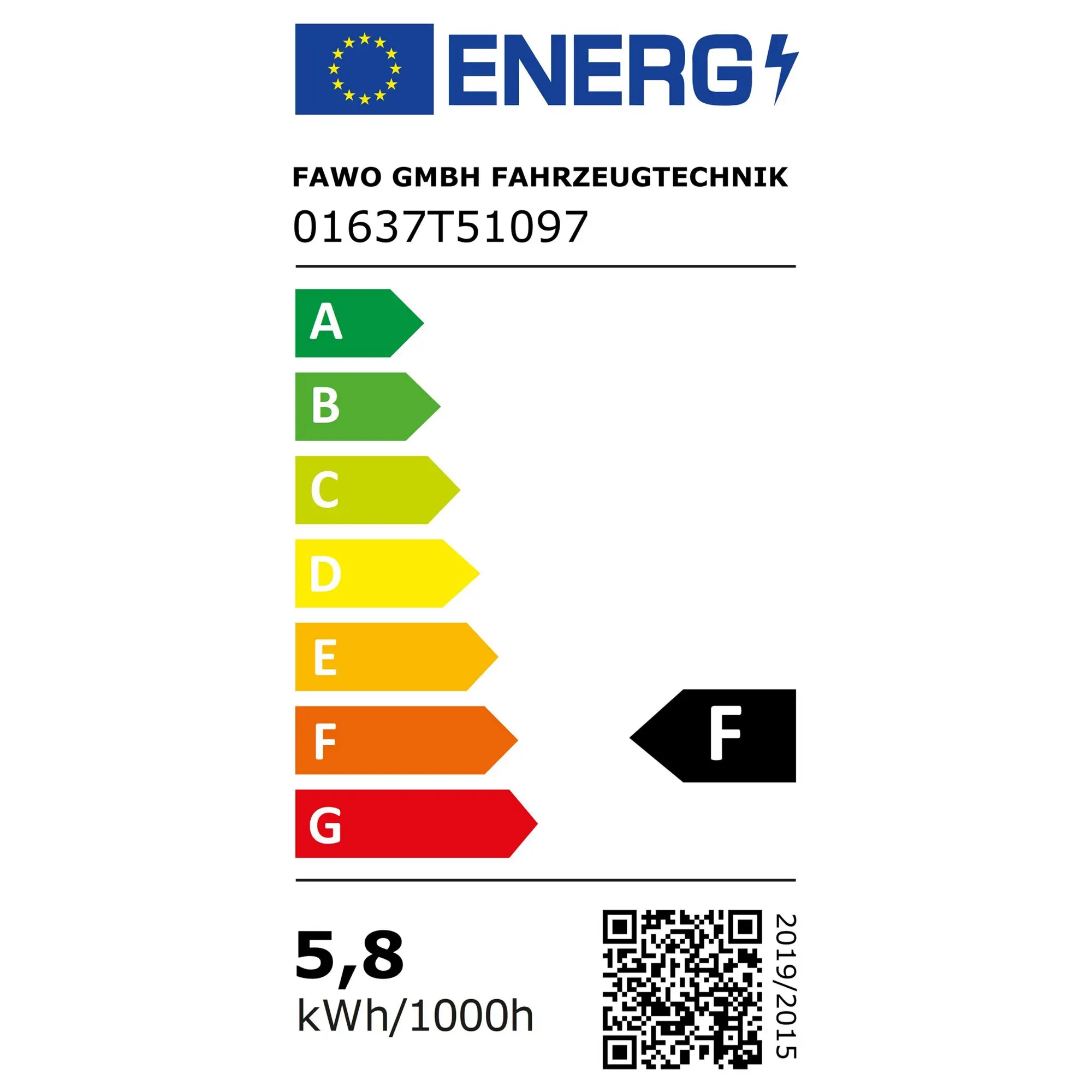 EU-Energiekennzeichnung Beleuchtung mit farbiger A-G-Skala, Pfeilformen von A bis G, Text 5,8 kWh/1000h und QR-Code rechts daneben