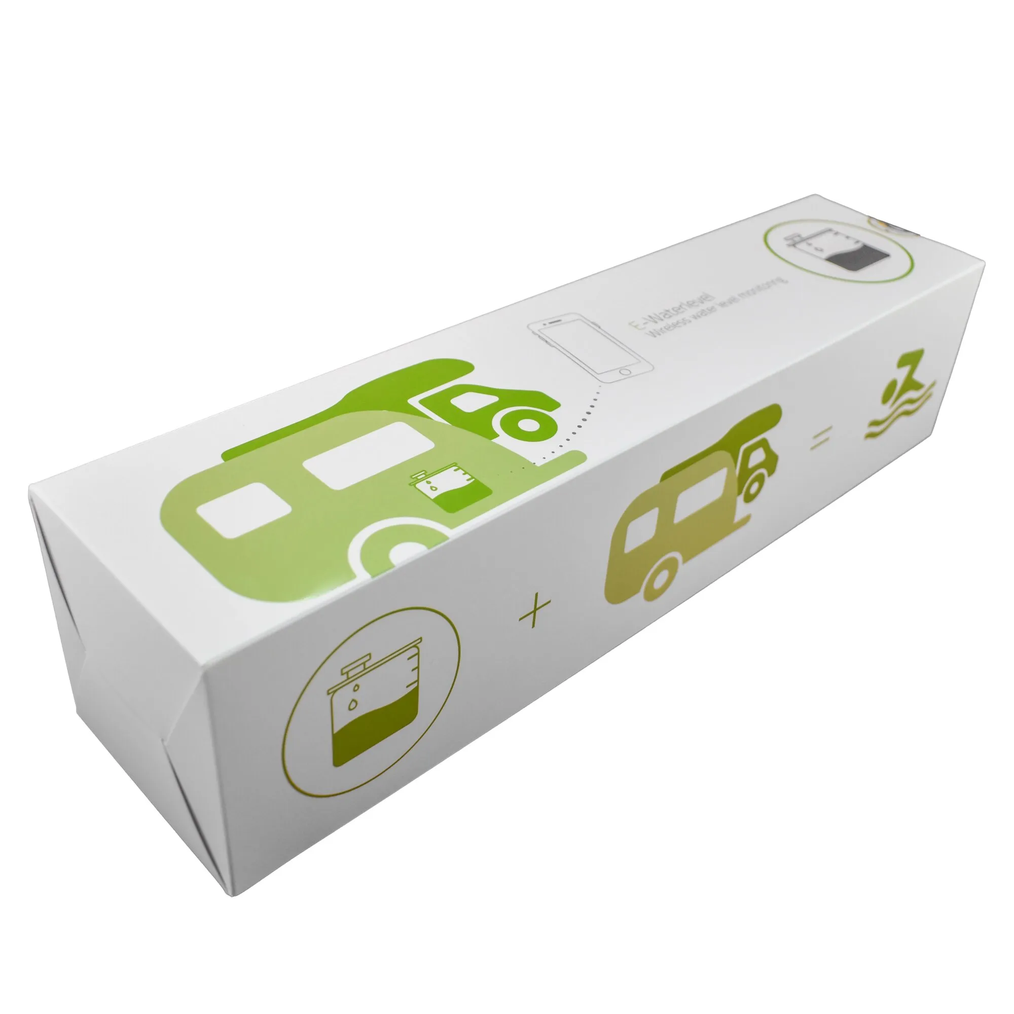 Weiße Verpackung des E-Waterlevel mit grünen Grafiken, Wasserstandsanzeige und Smartphone-Symbol für Camper und Wohnmobile