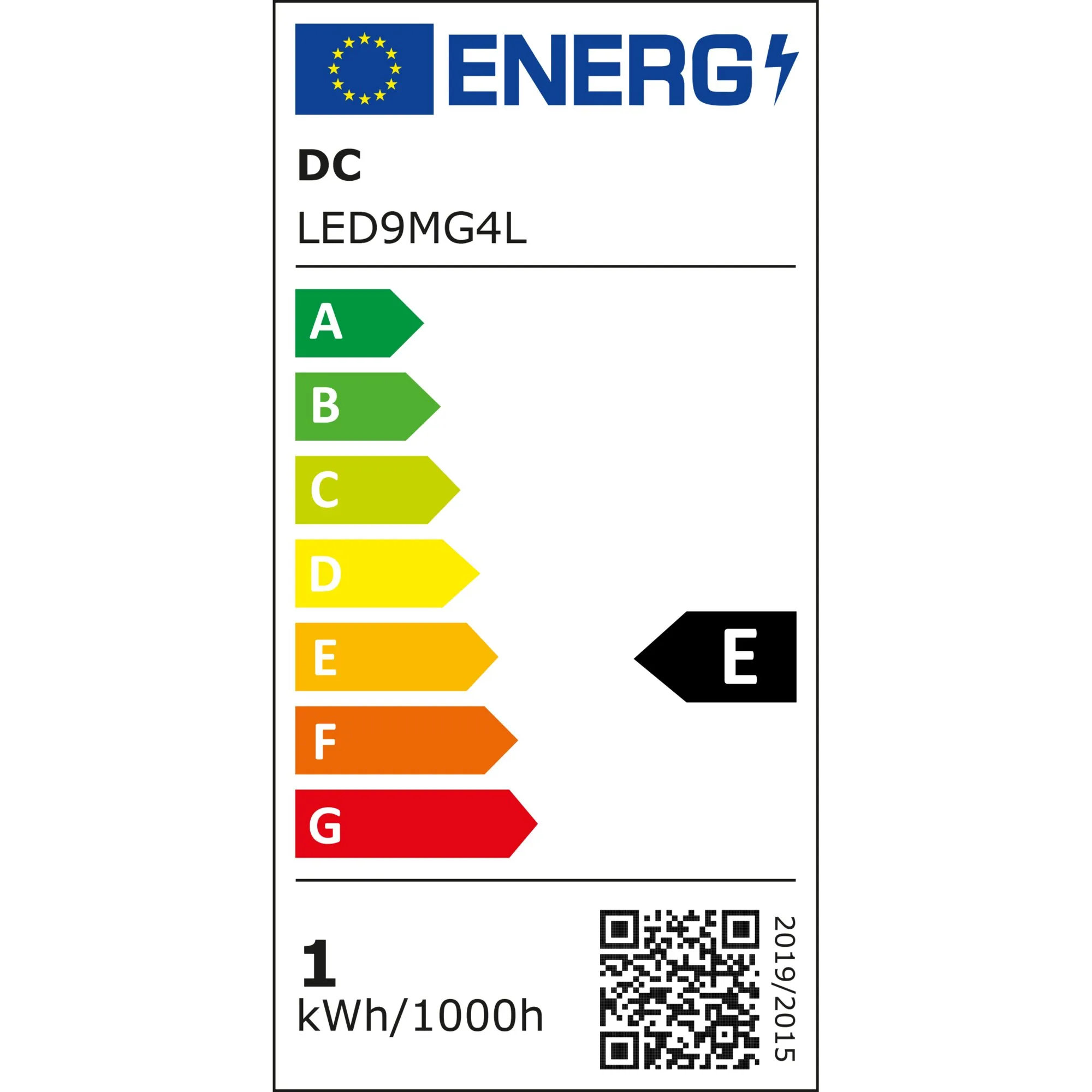 Energieeffizienzlabel für LED-Leuchtmittel G4 Flachmodule 0,50 W, Modell LED9MG4L, Energieeffizienzklasse E, 1 kWh/1000 h