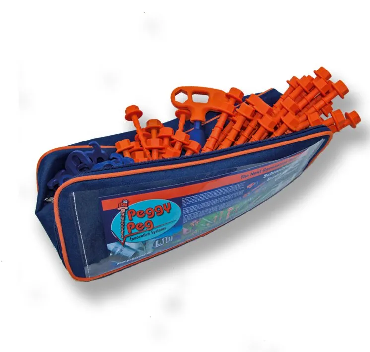 PP-Schraubheringe-StartKit mit orangefarbenen Kunststoffheringen und blau-oranger Transporttasche grasfang 