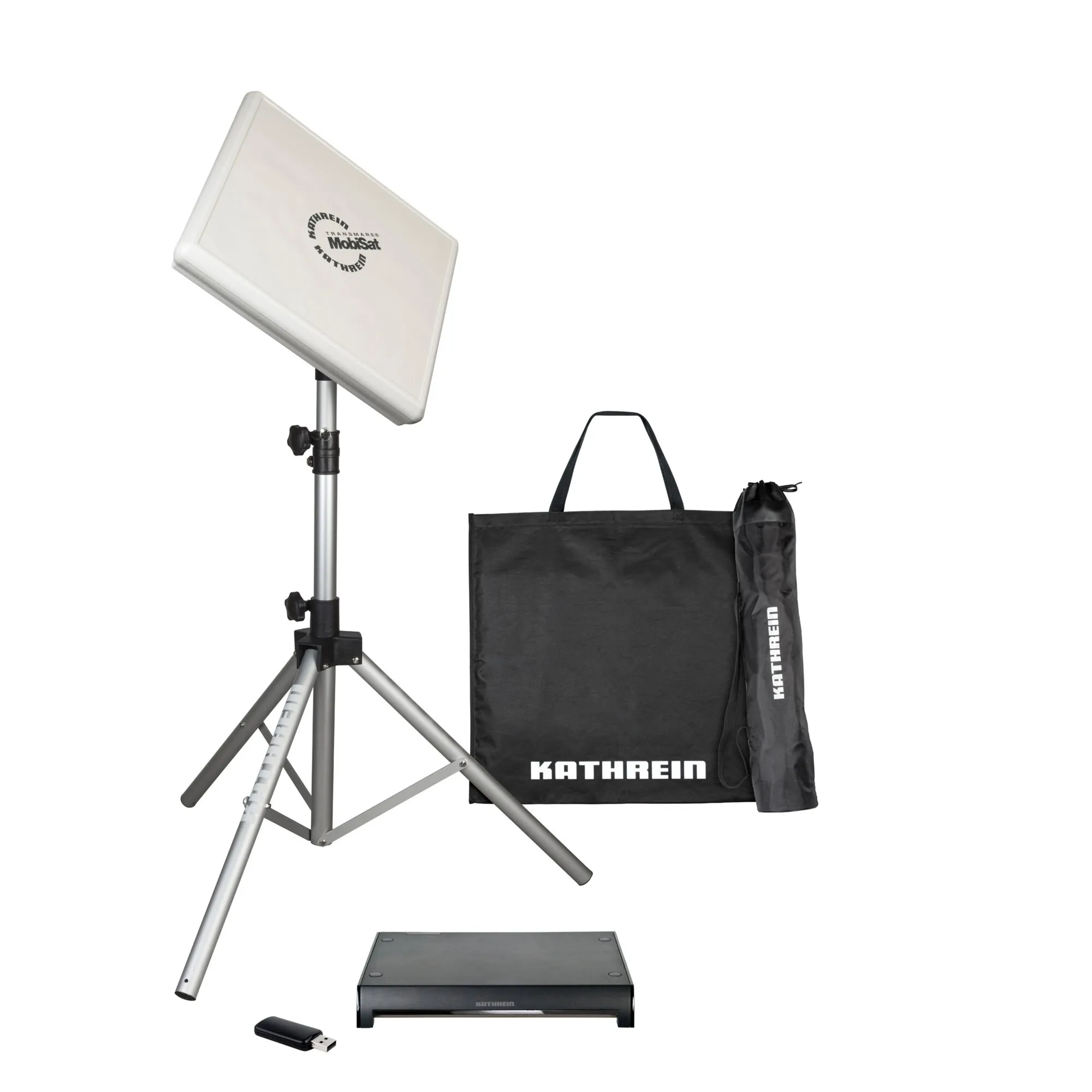 Antennen-Set Kathrein HDS 166 plus mit weißer Flachantenne auf Stativ, Tragetasche, Standfuß und USB-Stick