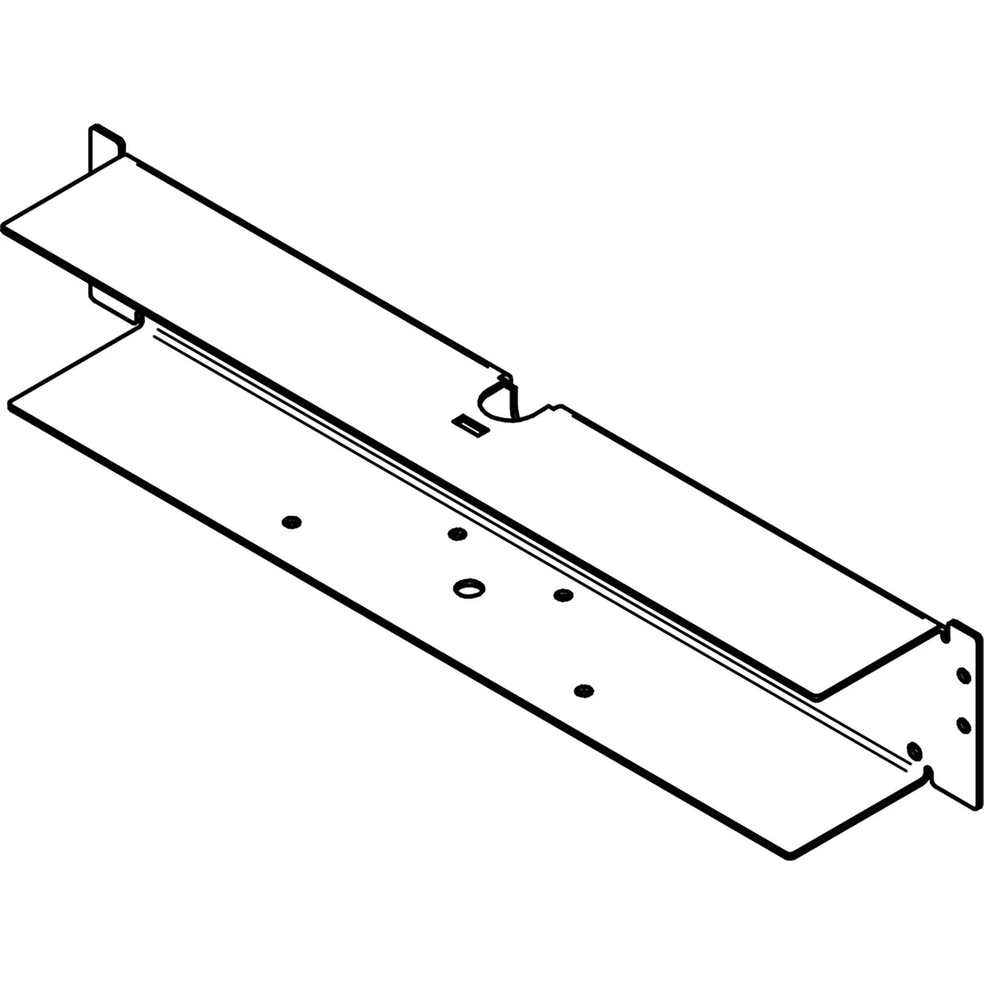 Technische Zeichnung einer rechteckigen Gehäuse-Rückwand mit Rundlöchern und seitlicher Halterung, Teil des Thule Slide-Out Step G2 12V 400