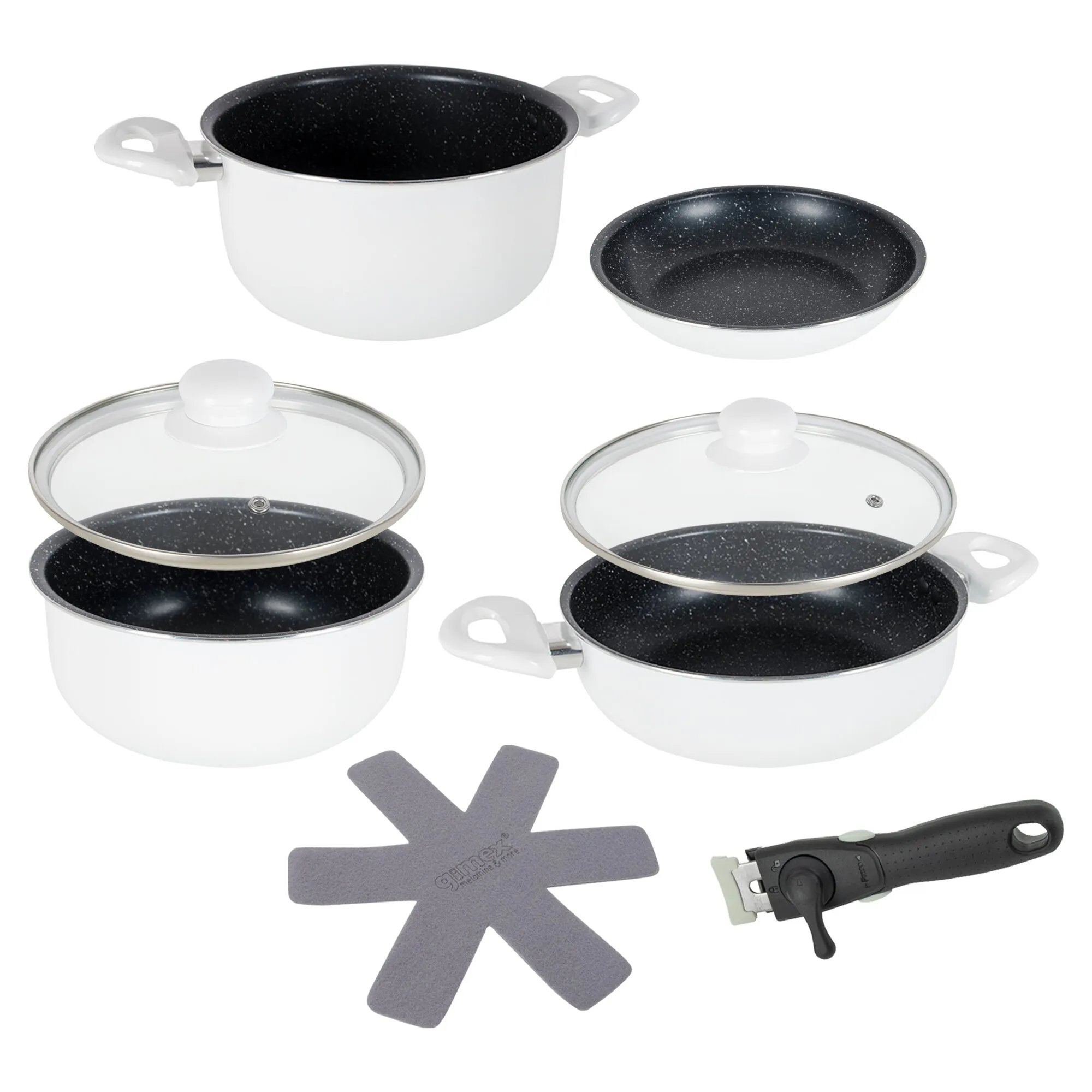 Weißes 7-teiliges Kochtopf-Set mit schwarz gesprenkelter Innenbeschichtung, Glasdeckeln, abnehmbarem Griff und Untersetzer