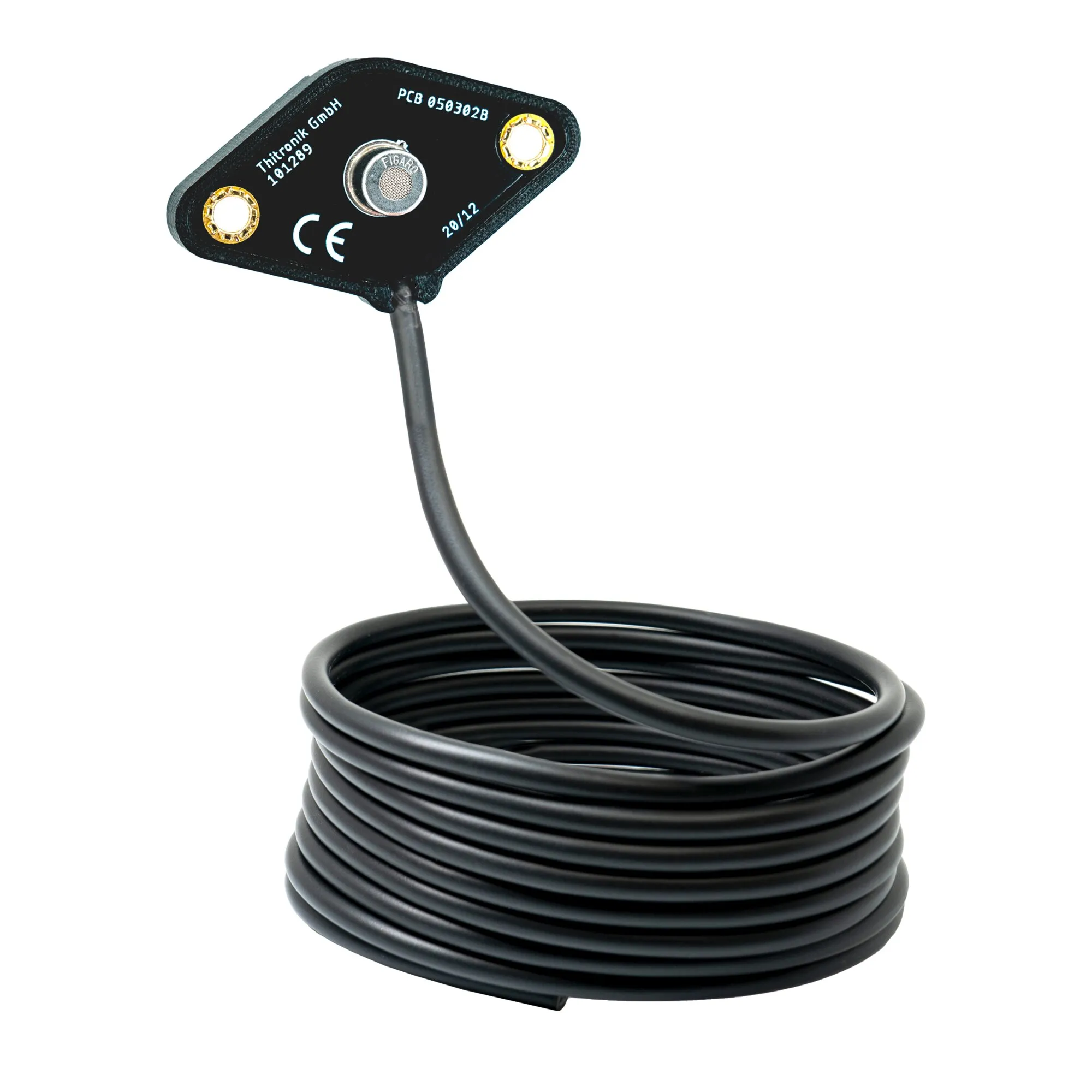 Schwarzer Zusatzsensor mit rundem Metall-Gassensor und langem Anschlusskabel für das G.A.S.-pro-III-Gaswarnsystem