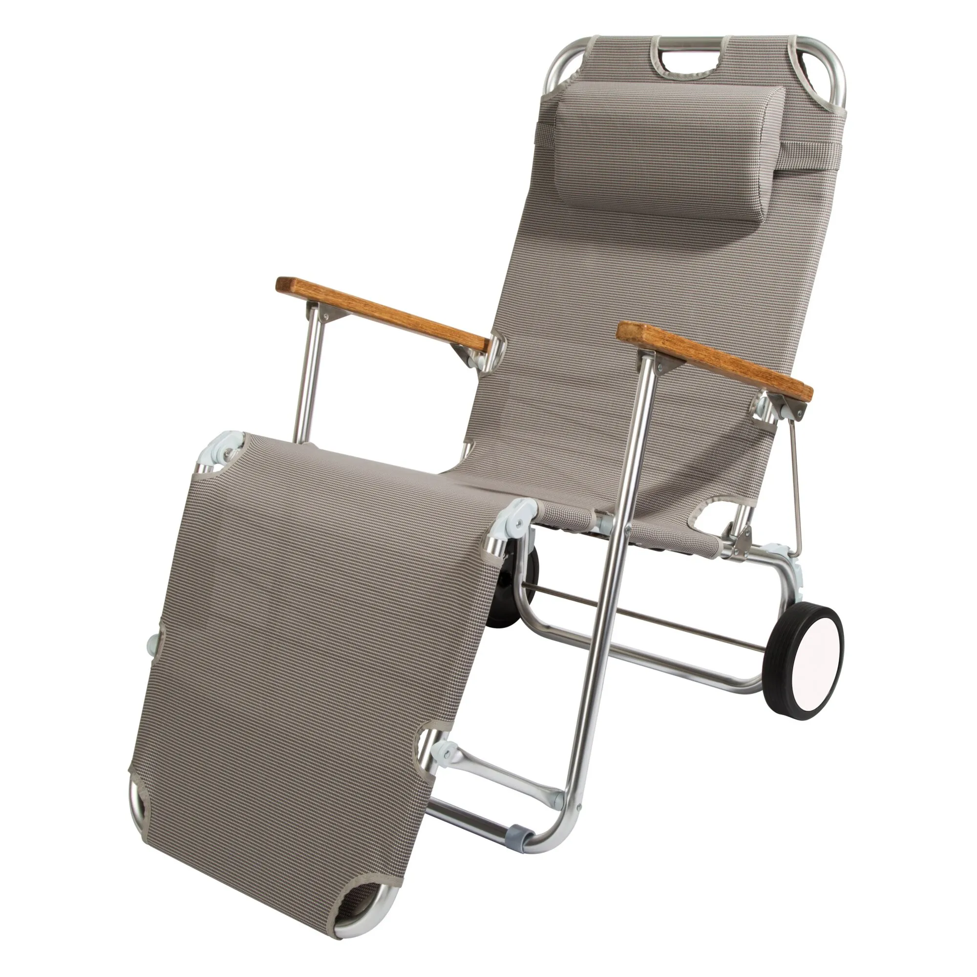 Strandliege Beach Trolley in grauem Textilgewebe mit Holzarmlehnen, Aluminiumrahmen, verstellbarer Rückenlehne und zwei Rädern