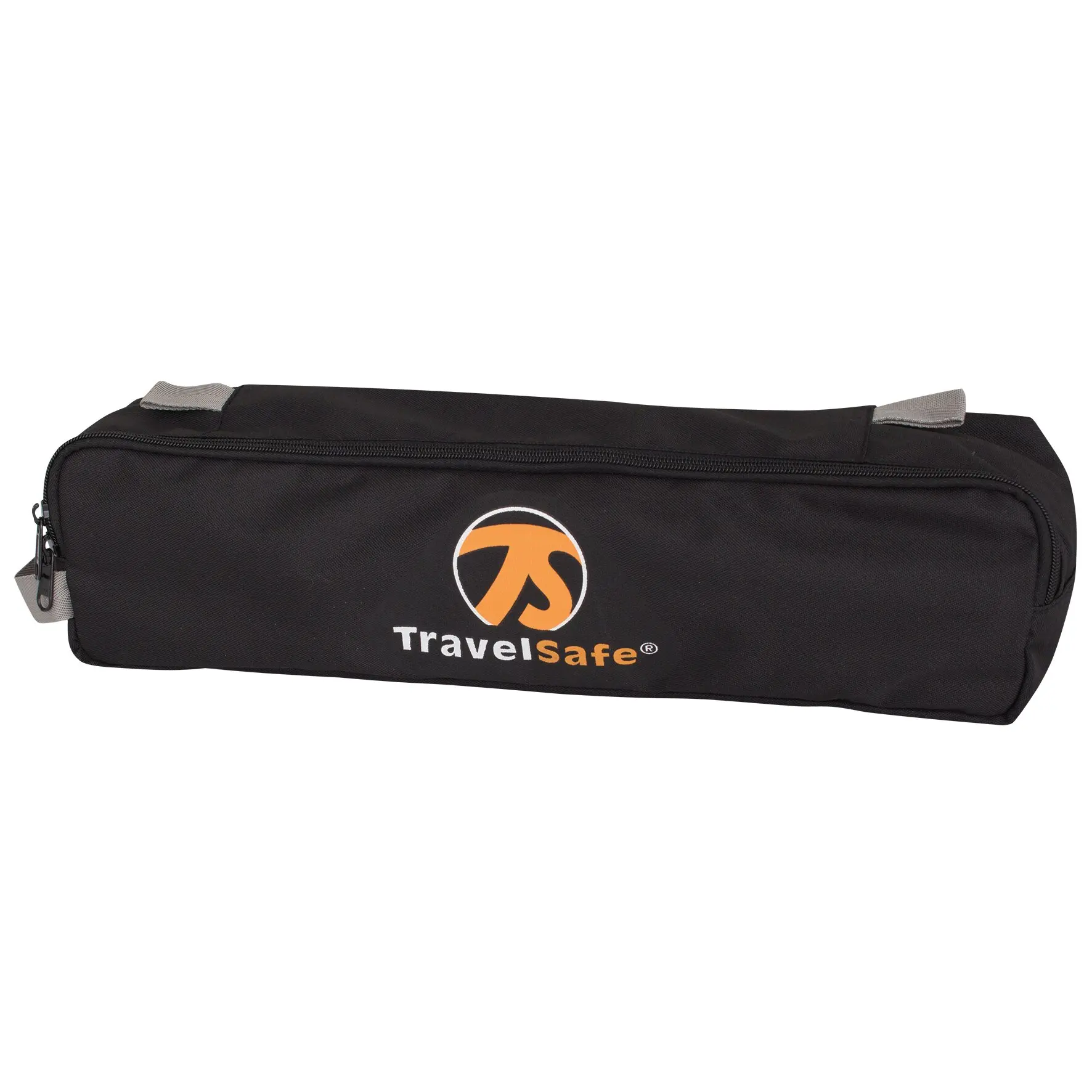 Schwarze Tragetasche aus robustem Stoff mit Reißverschluss und zwei Tragegriffen, TravelSafe-Logo, für den Faltstuhl Calais
