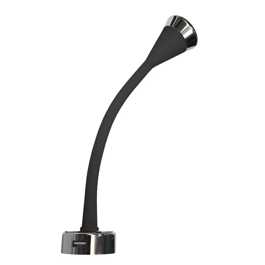Schwarze flexible Leseleuchte mit gebogenem Soft-Touch-Arm, verchromtem Leuchtenkopf und rundem Standfuß