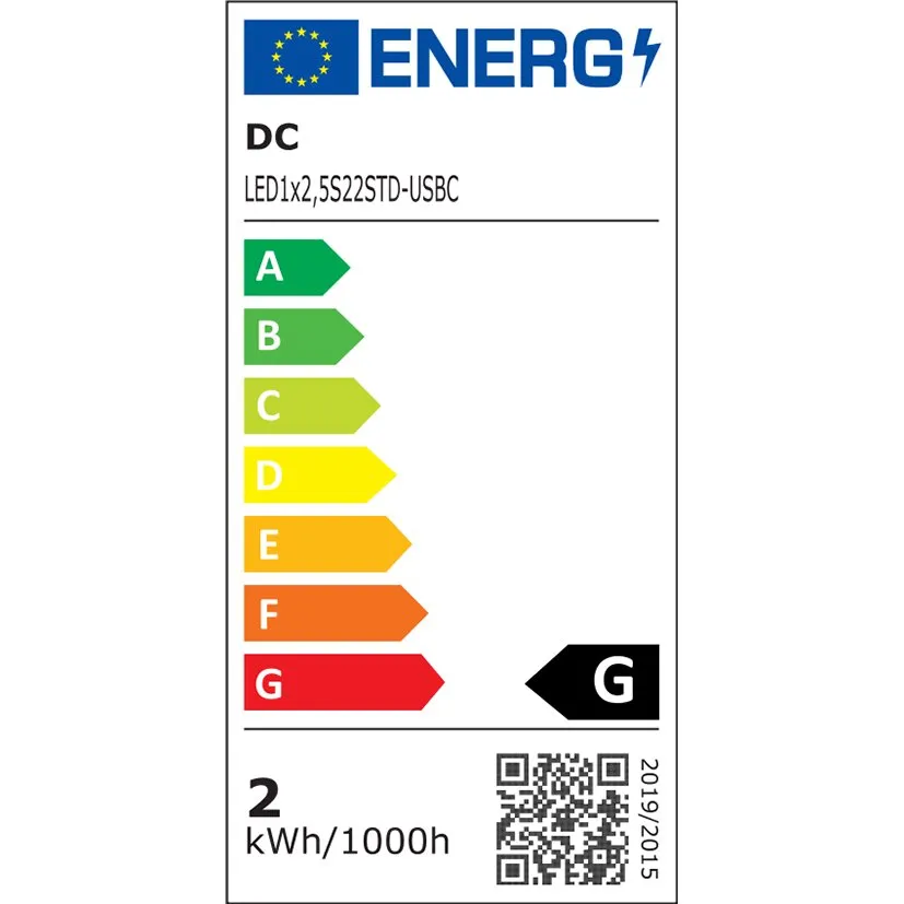 EU-Energielabel der Aufbau-Leseleuchte mit LED und USB-C: Energieeffizienzklasse G und Verbrauch 2 kWh pro 1000 Stunden