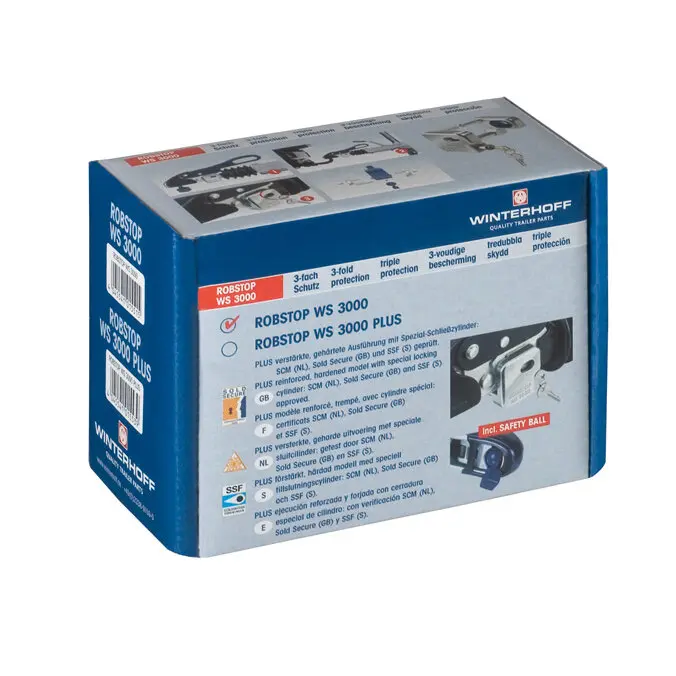 Blau-weiße Verpackung der Diebstahlsicherung ROBSTOP WS 3000 Standard mit Abbildung von Schließzylinder und Sicherheitsball, Winterhoff