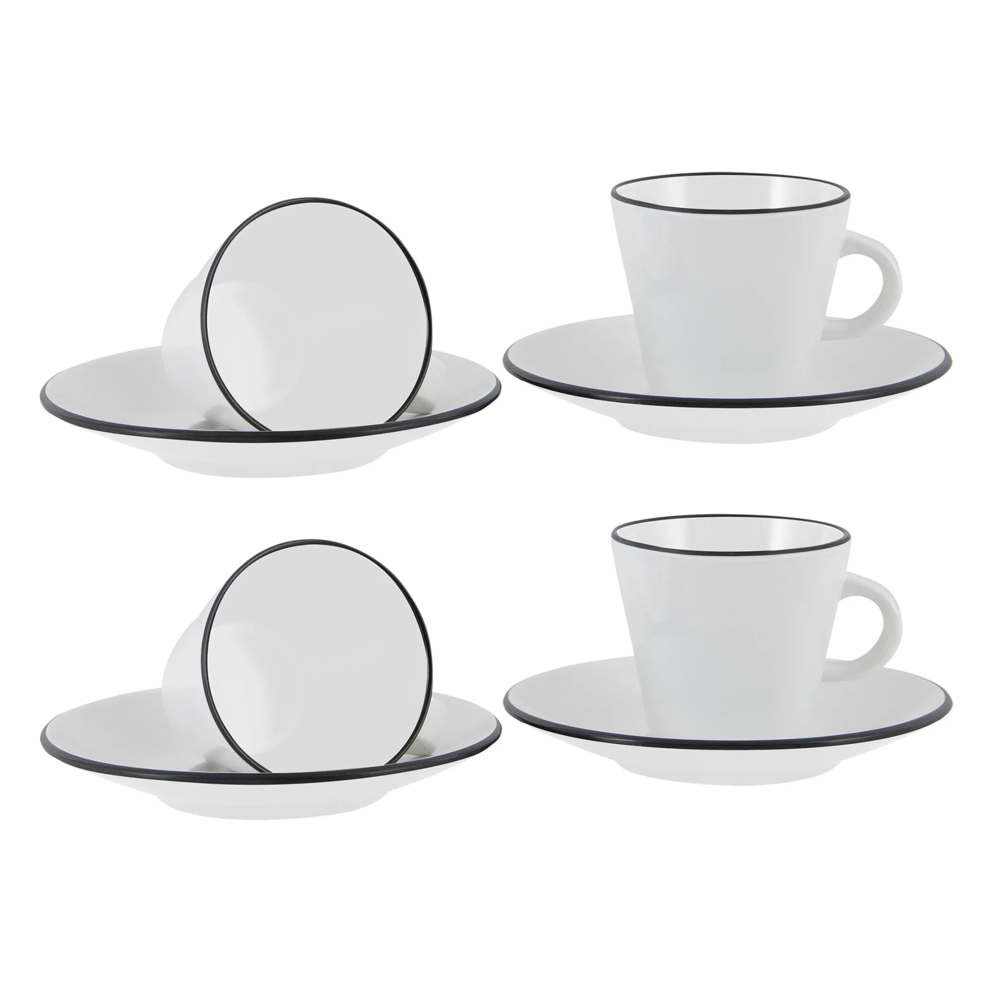 Schwarzes Espressoset Linea Line mit vier weißen Tassen und passenden Untertassen mit schwarzem Rand, frontal angeordnet