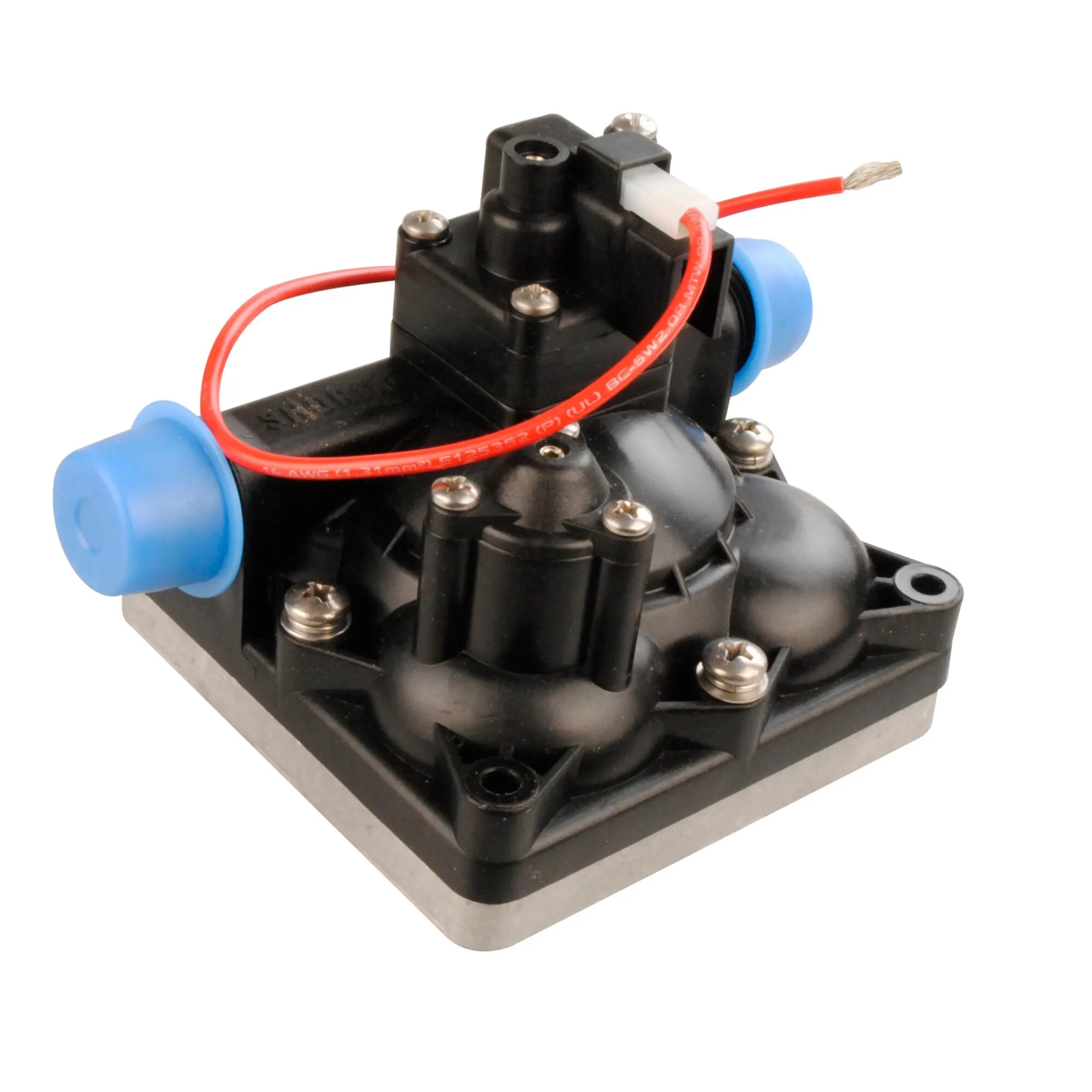 Schwarzer Pumpenkopf 4142 SOFTSERIE® WeißGELB® mit blauen Anschlusskappen, rotem Anschlusskabel und silbernen Schrauben