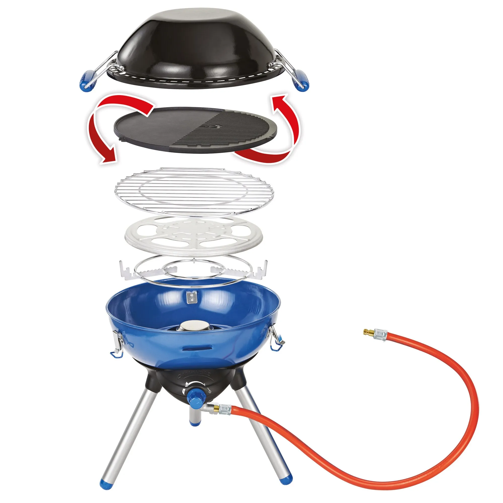 Explodierte Ansicht des blauen Gasgrills Party Grill 400 Caravan Connect mit Deckel, Grillrost, Wendeplatte, Brenner, Standbeinen und Gasschlauch