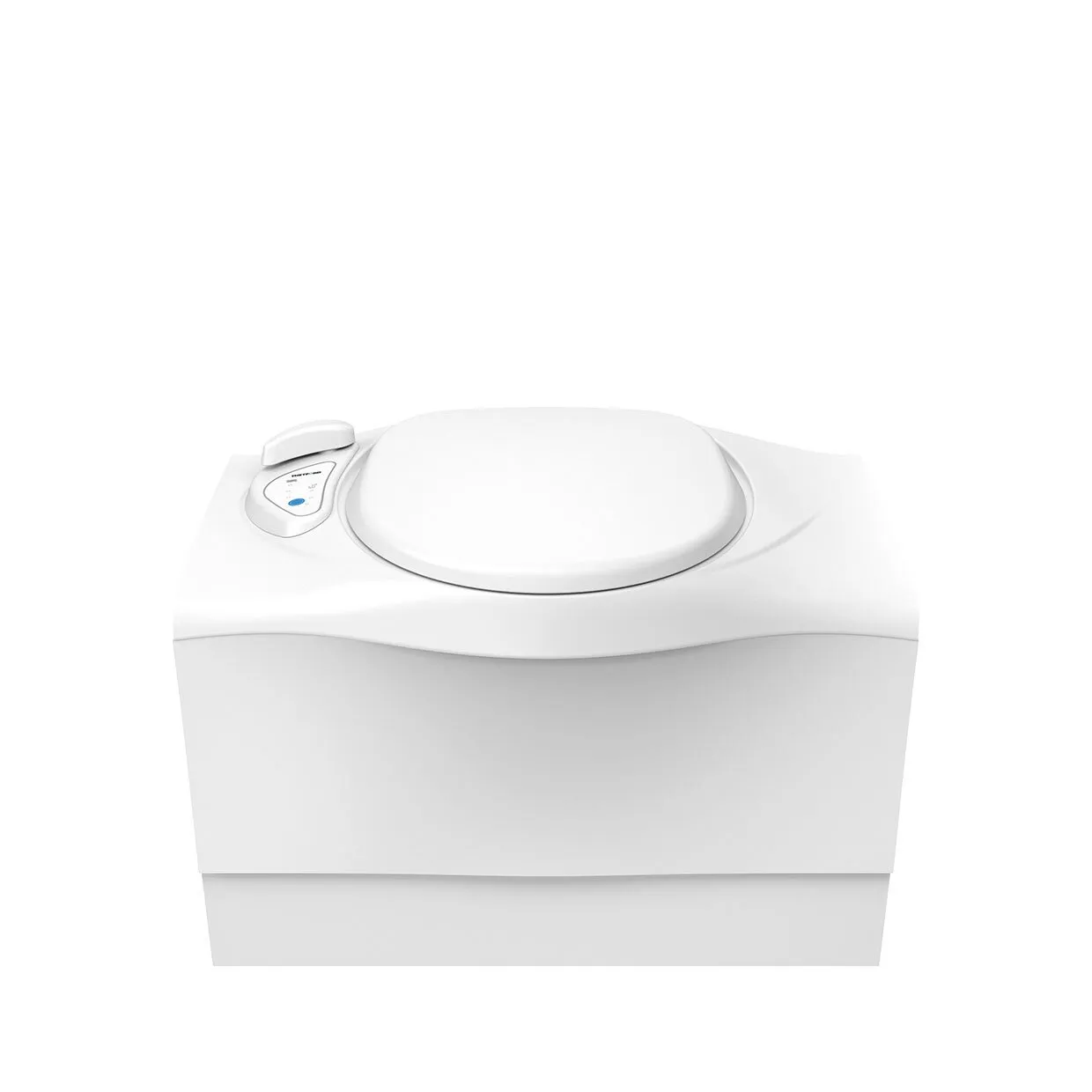 Weiße Cassettentoilette C403-L mit geschlossenem Deckel und Bedienfeld links in Frontalansicht