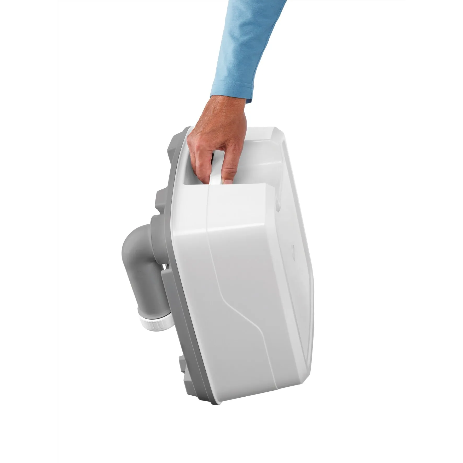 Weiße Porta-Potti-Campingtoilette der Serie 300 in Seitenansicht, von einer Hand am Tragegriff gehalten