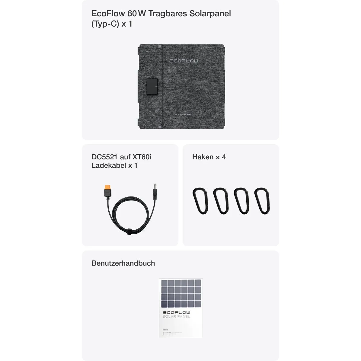 Faltbares 60 W Solarpanel in dunklem Grau mit EcoFlow-Logo, daneben ein DC5521‑XT60i Ladekabel, vier Haken und Benutzerhandbuch