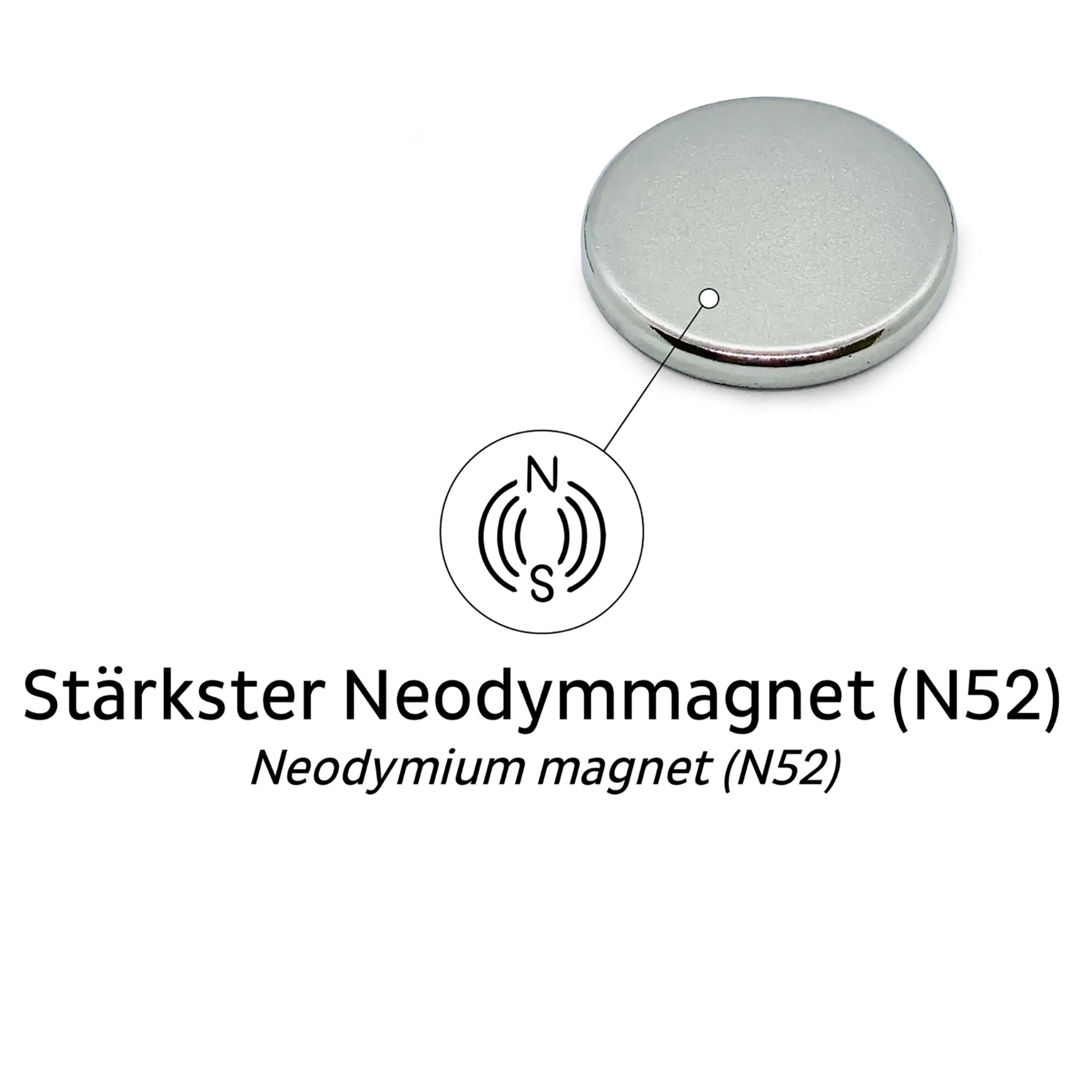 Runder silberfarbener Neodym-Power-Magnet in flacher Scheibenform mit Kennzeichnung N52 und Darstellung der Magnetpole