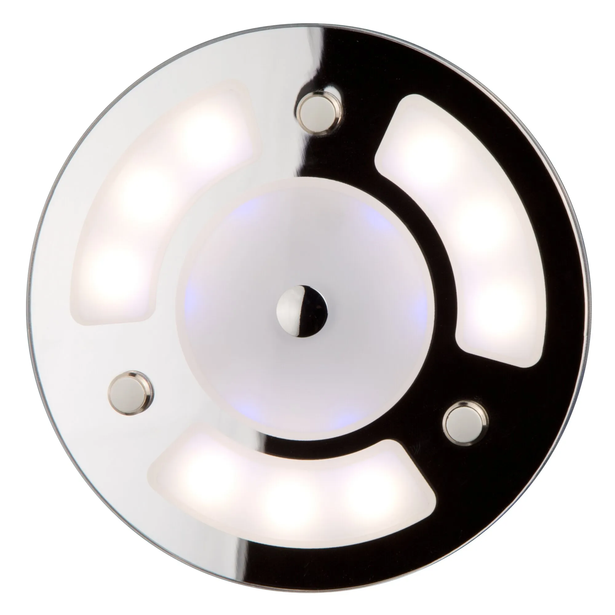 Runde Deckenleuchte Nightlight Round mit schwarzer und verchromter Oberfläche, mehreren weißen Leuchtflächen und zentralem Lichtkreis