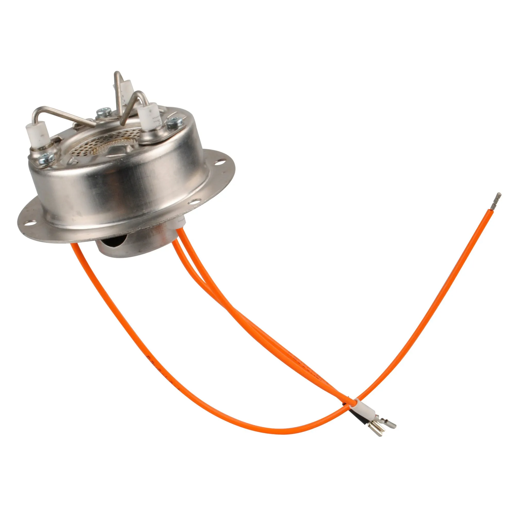 Kompletter metallischer Brenner mit perforierter Brennerfläche, Keramikisolatoren, Befestigungsflansch und orangefarbenen Anschlussleitungen