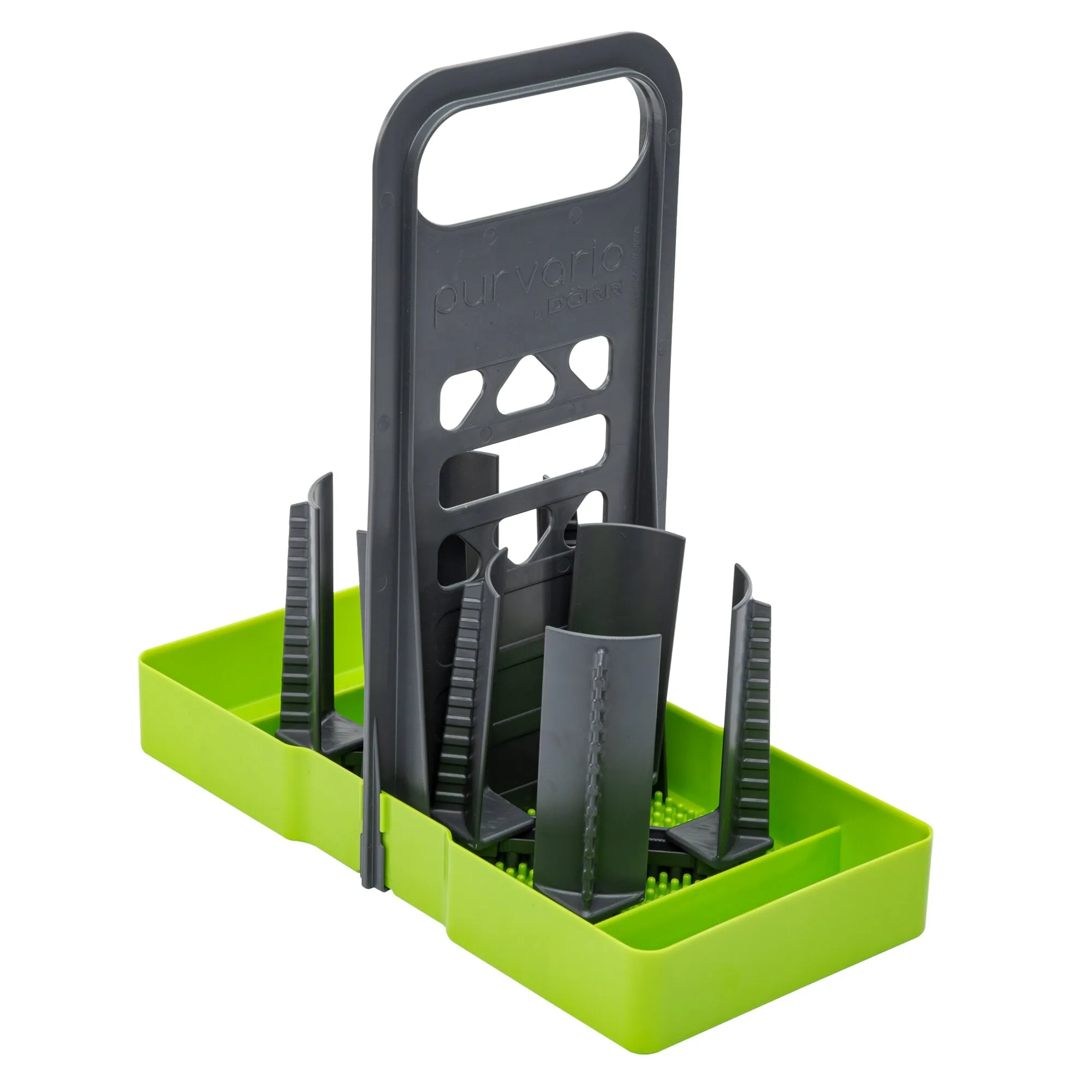 Limefarbener Flaschenhalter Multi Tray OELE mit schwarzem, verstellbarem Halterahmen und mehreren Flaschenfächern
