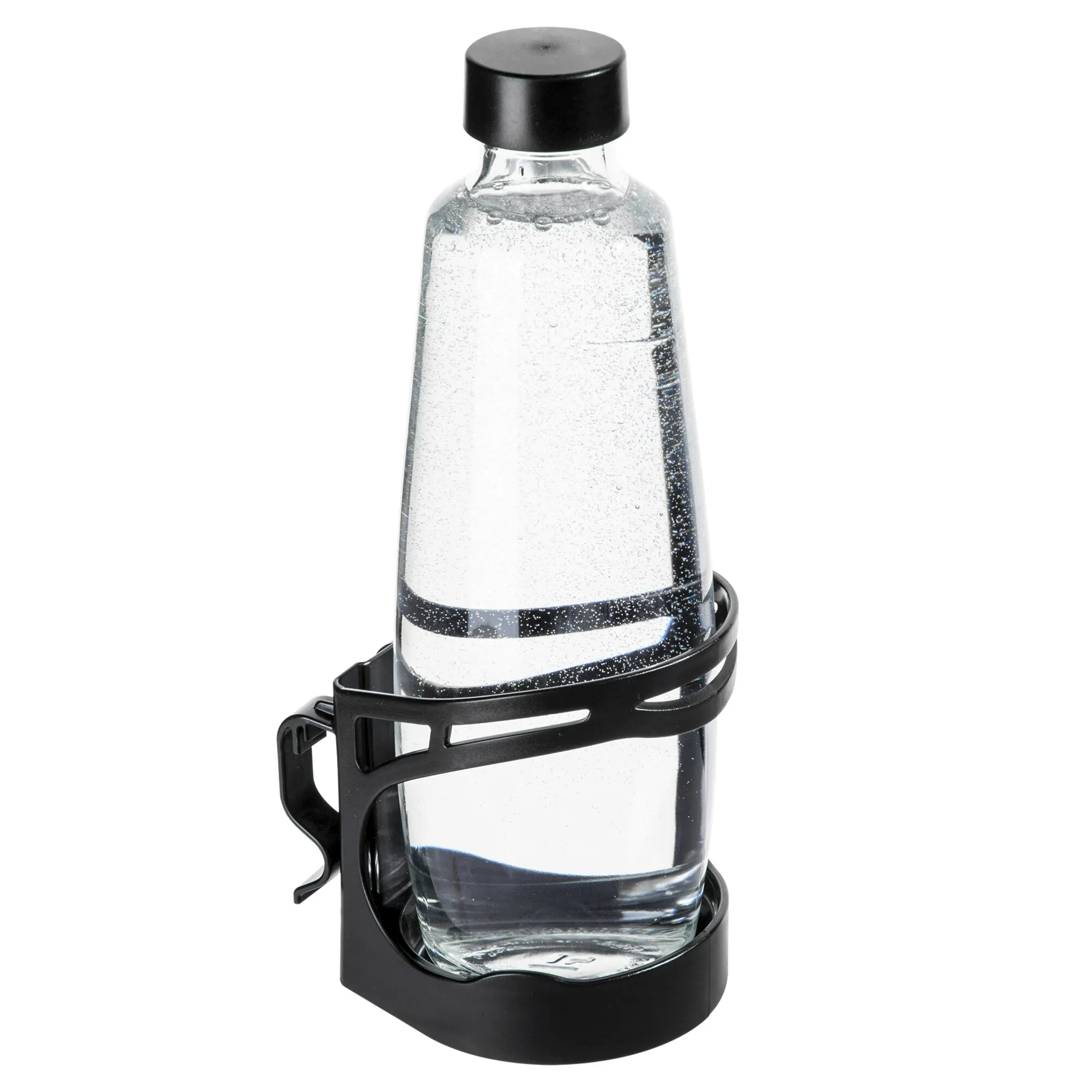 Schwarzer Getränkehalter Bottle Butler mit transparenter, verschlossener Glasflasche und seitlicher Befestigungsklammer