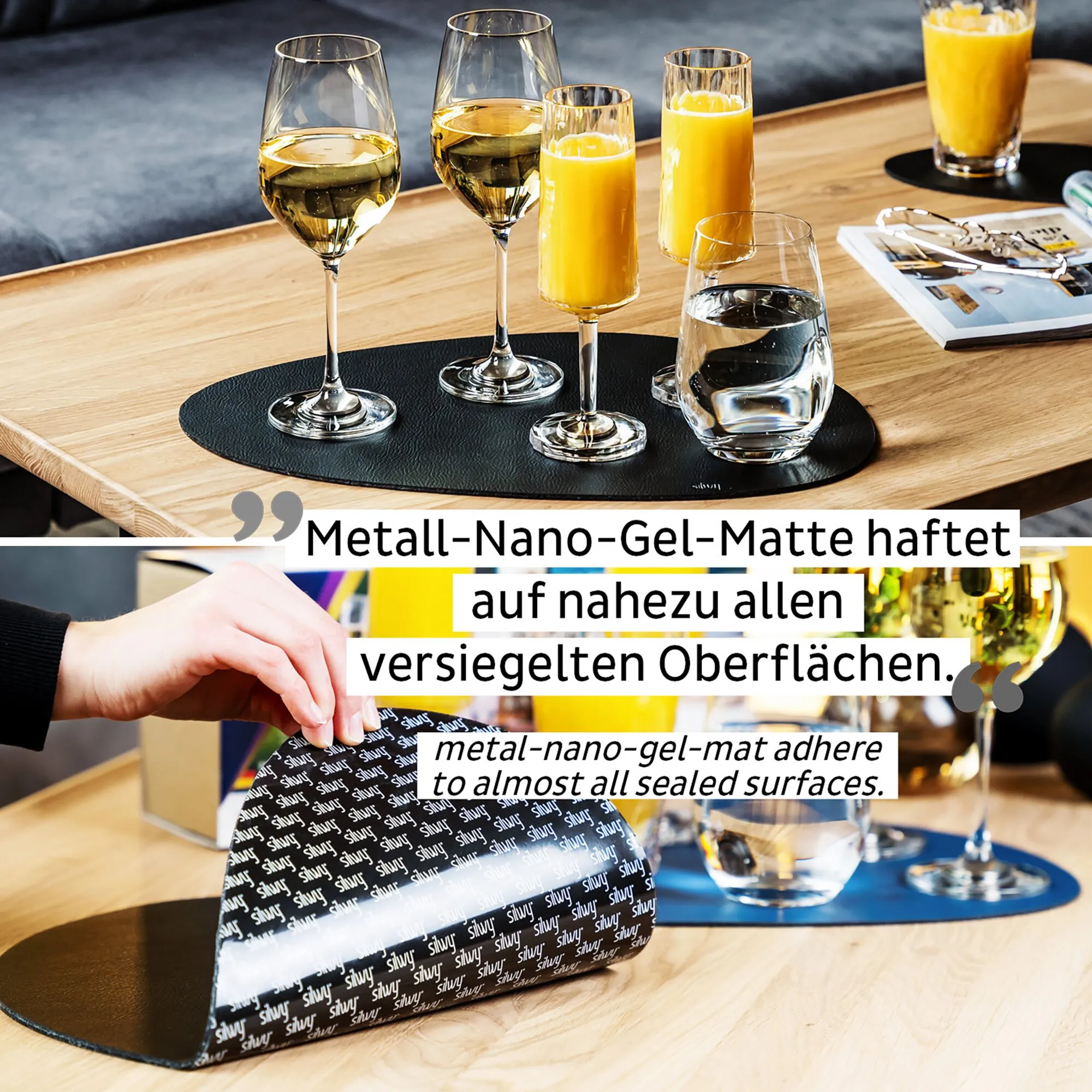 Schwarzes ovales Metall-Nano-Gel-Platzset auf Holztisch mit Wein-, Saft- und Wassergläsern; darunter eine Hand beim Ablösen der Schutzfolie