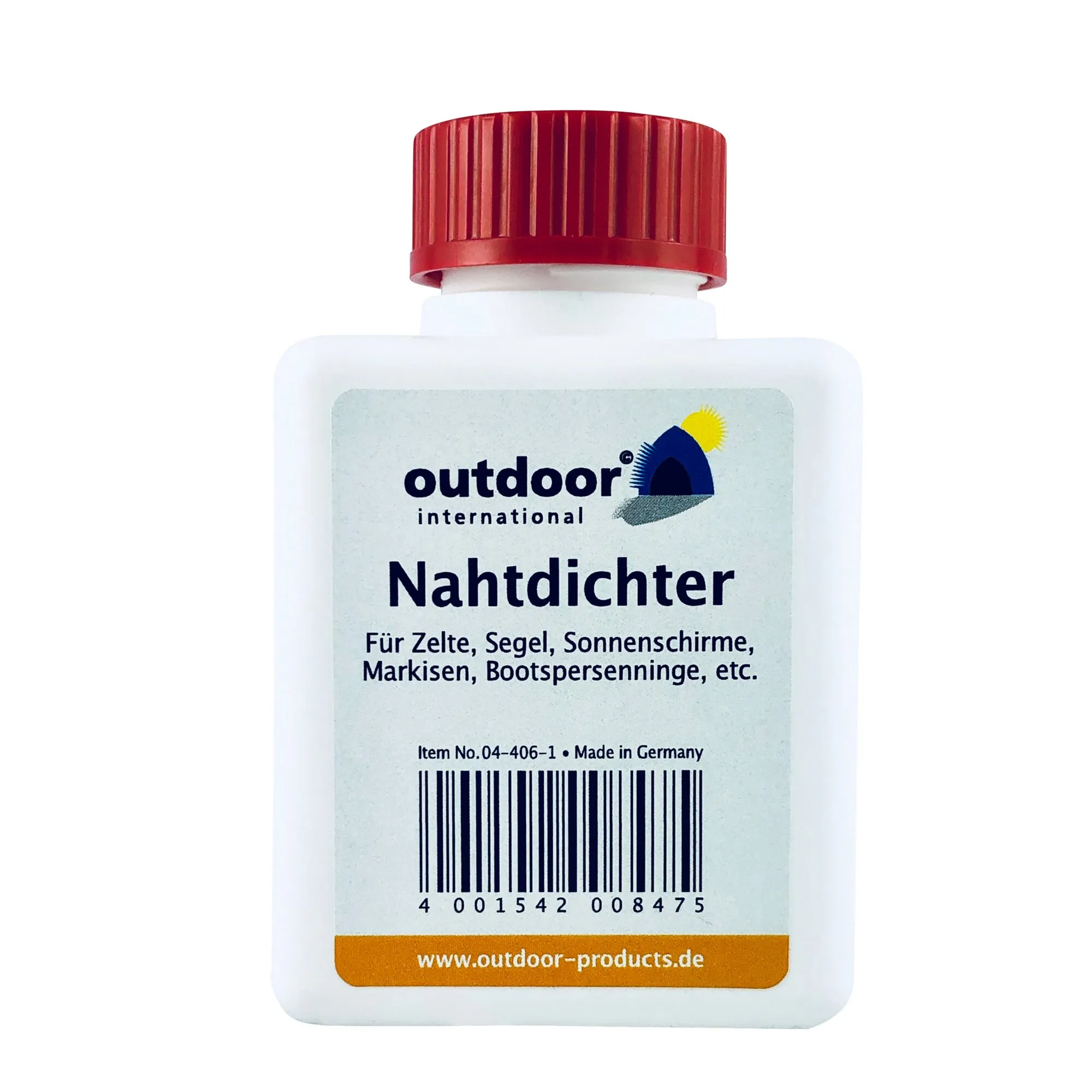 Weiße Kunststoffflasche mit rotem Schraubverschluss, beschriftet als Outdoor International Nahtdichter für Zelte, Segel und Markisen
