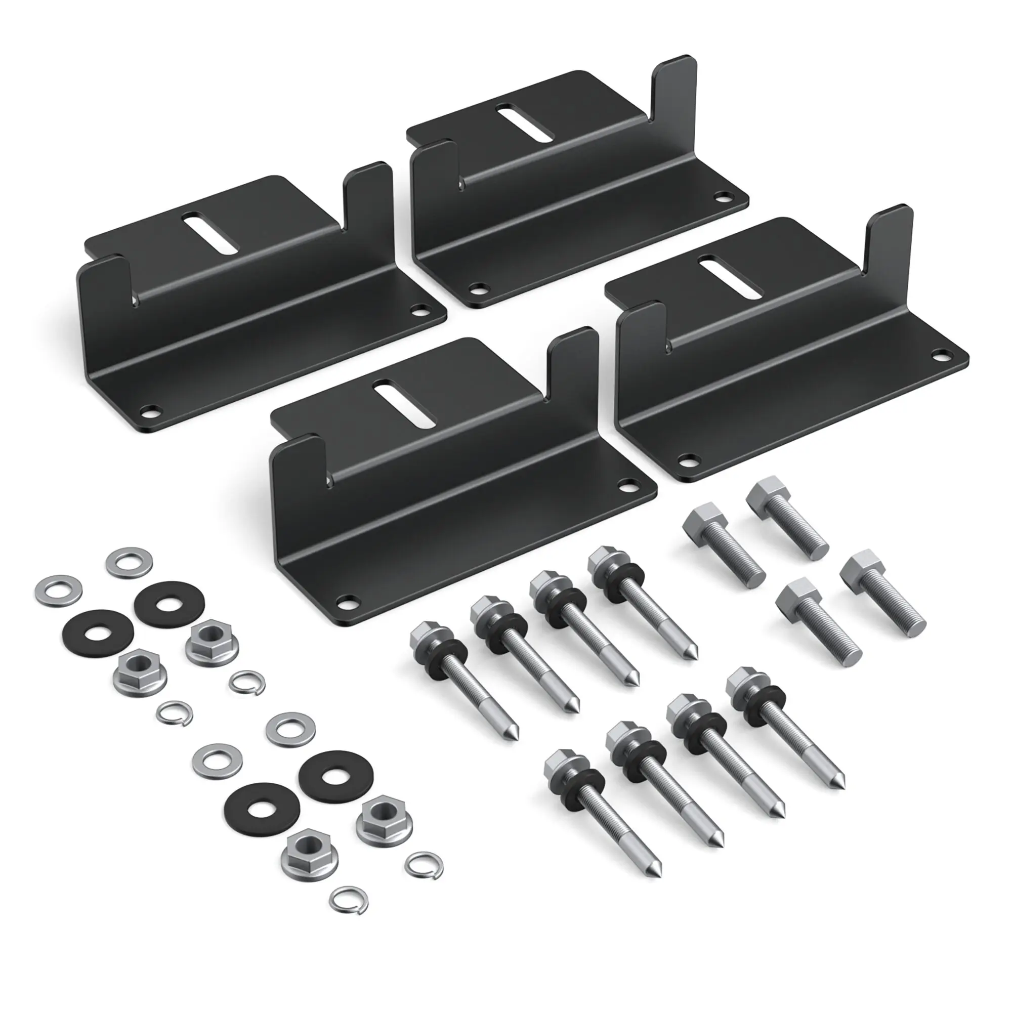 Schwarzes Montageset für Solarmodule mit flachen Befestigungsplatten, Halteklammern, Bolzen, Muttern, Unterlegscheiben und Ringen