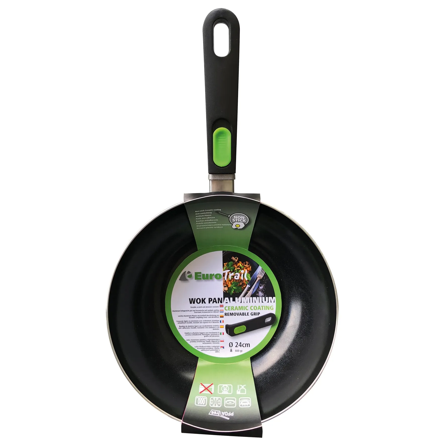 Schwarzer Aluminium-Wok mit grüner Antihaft-Keramikbeschichtung, abnehmbarem Griff und 24 cm Durchmesser