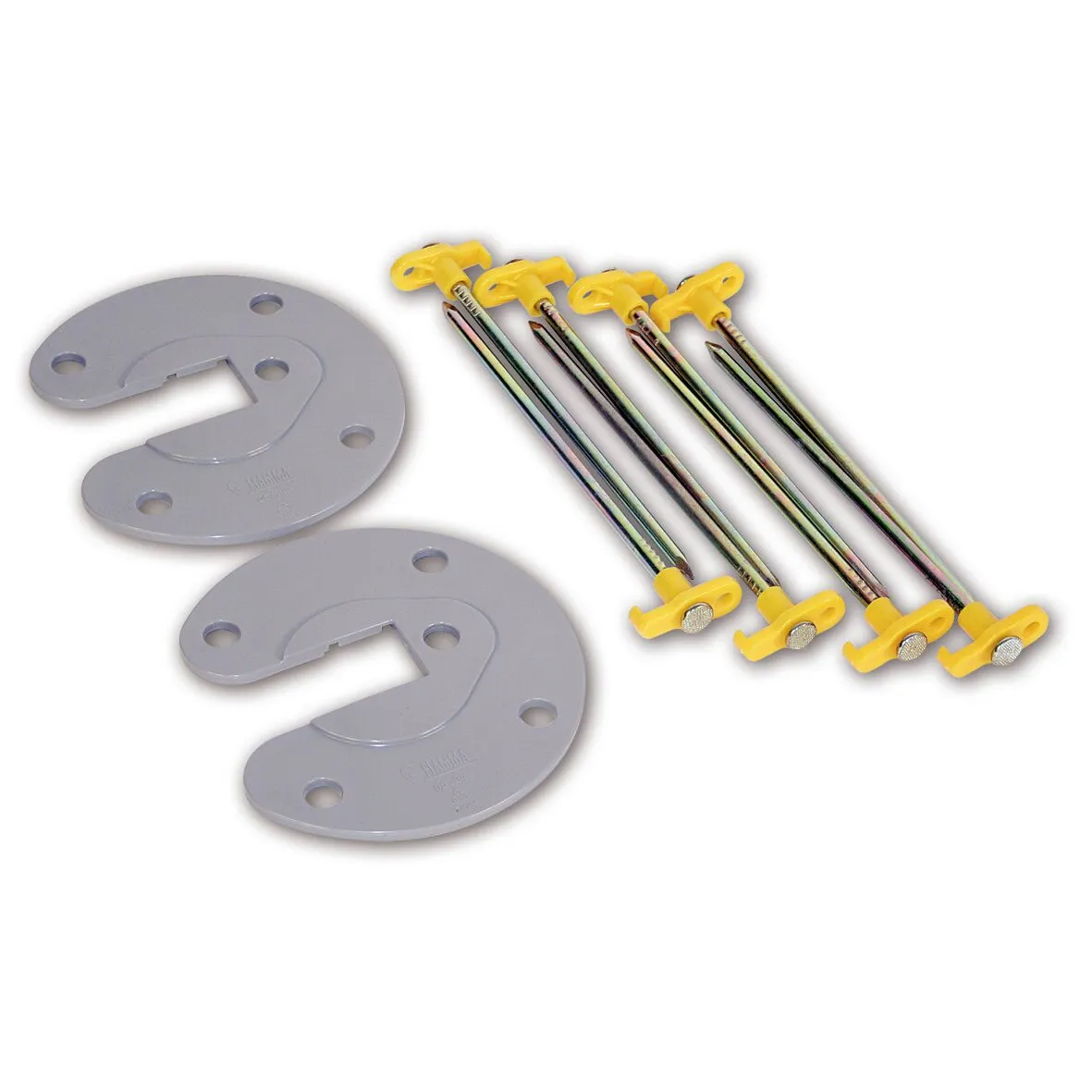 Stützfußhalterung Kit Awning Plate als 2er-Set mit zwei grauen Platten und vier gelben Spannstäben, freigestellt auf weißem Hintergrund