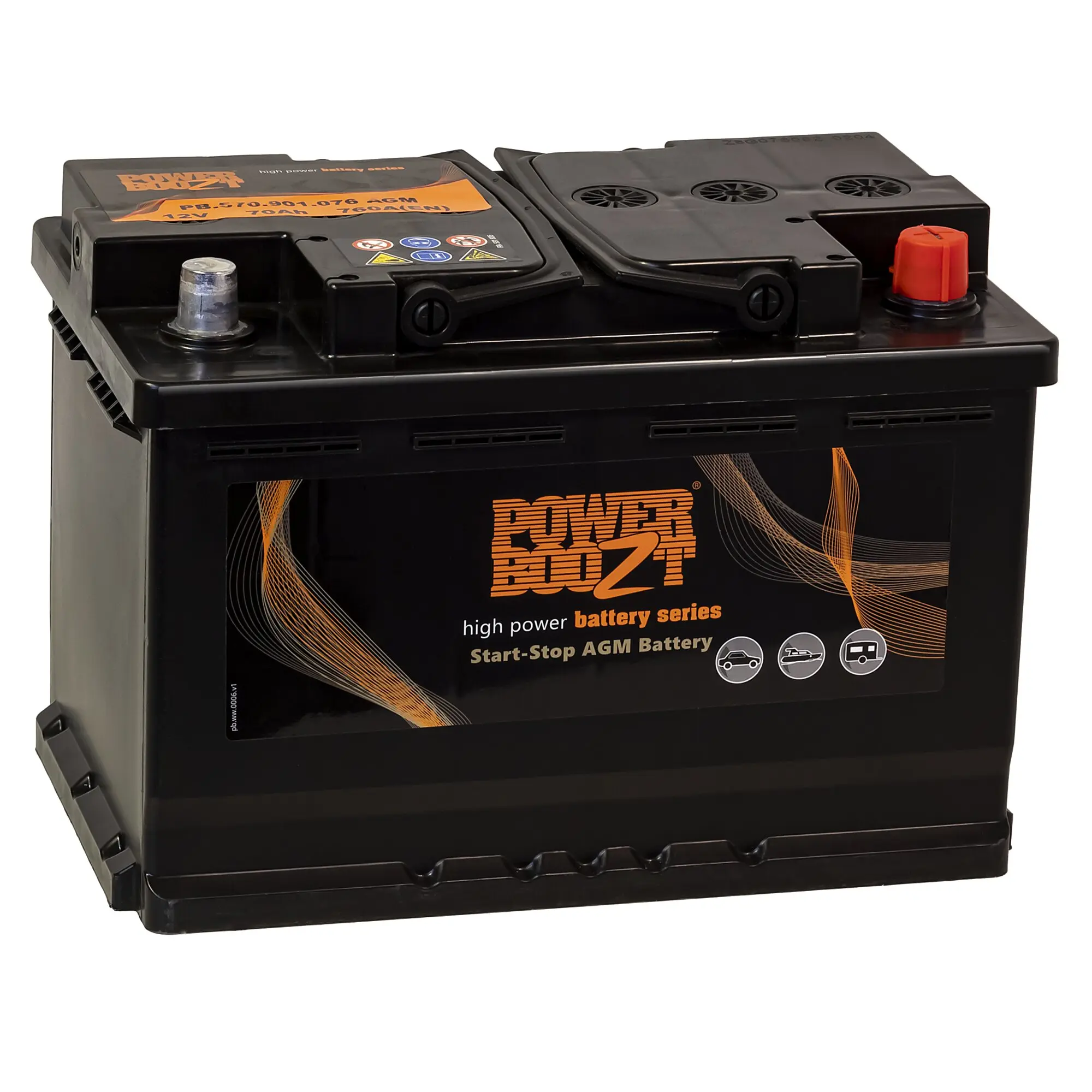 Schwarze AGM-Batterie mit orangefarbenem Etikett, zwei Anschlüsse vorne; linker Metallkontakt, roter Schutzdeckel, 12V 70Ah