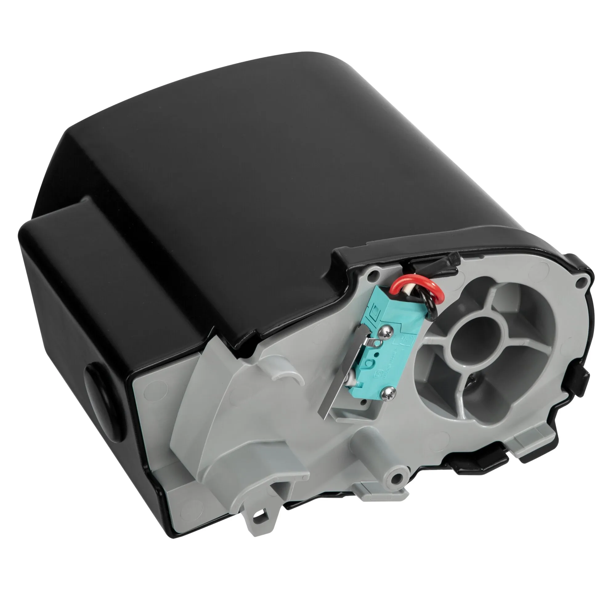Schwarzes Motor Kit Advanced F80s in schräger Ansicht mit sichtbarem grauem Innengehäuse, Anschlusskabeln und türkisfarbener Steuereinheit