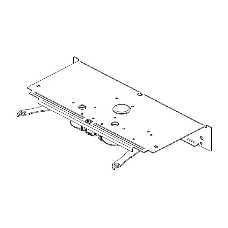 Technische Zeichnung eines Motors für Thule Slide-Out Step 550: flache rechteckige Metallplatte mit Bohrungen, Kabelanschluss und Halterungen