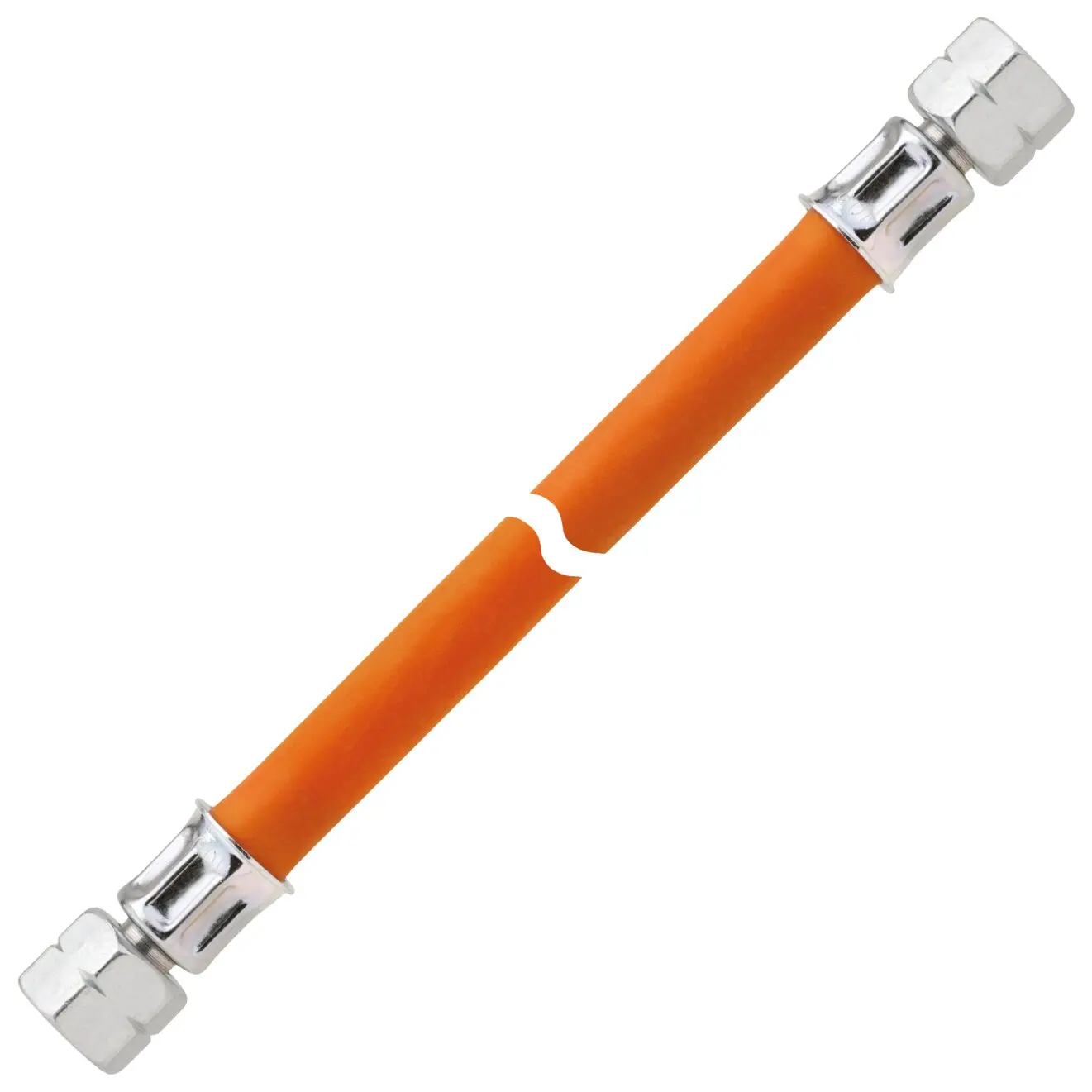 Orangene Gas-Hochdruckschlauchleitung mit metallischen Endstücken an beiden Enden, diagonale Ausrichtung, Sechskantmuttern, 10 bar G 1/4 LH-ÜM
