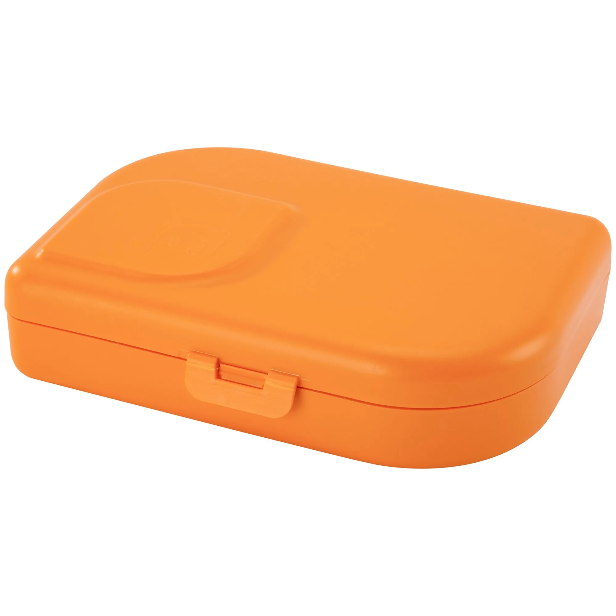 Orangefarbene Brotbox mit abgerundeten Ecken, geschlossenem Deckel und vorderem Klappverschluss vor weißem Hintergrund