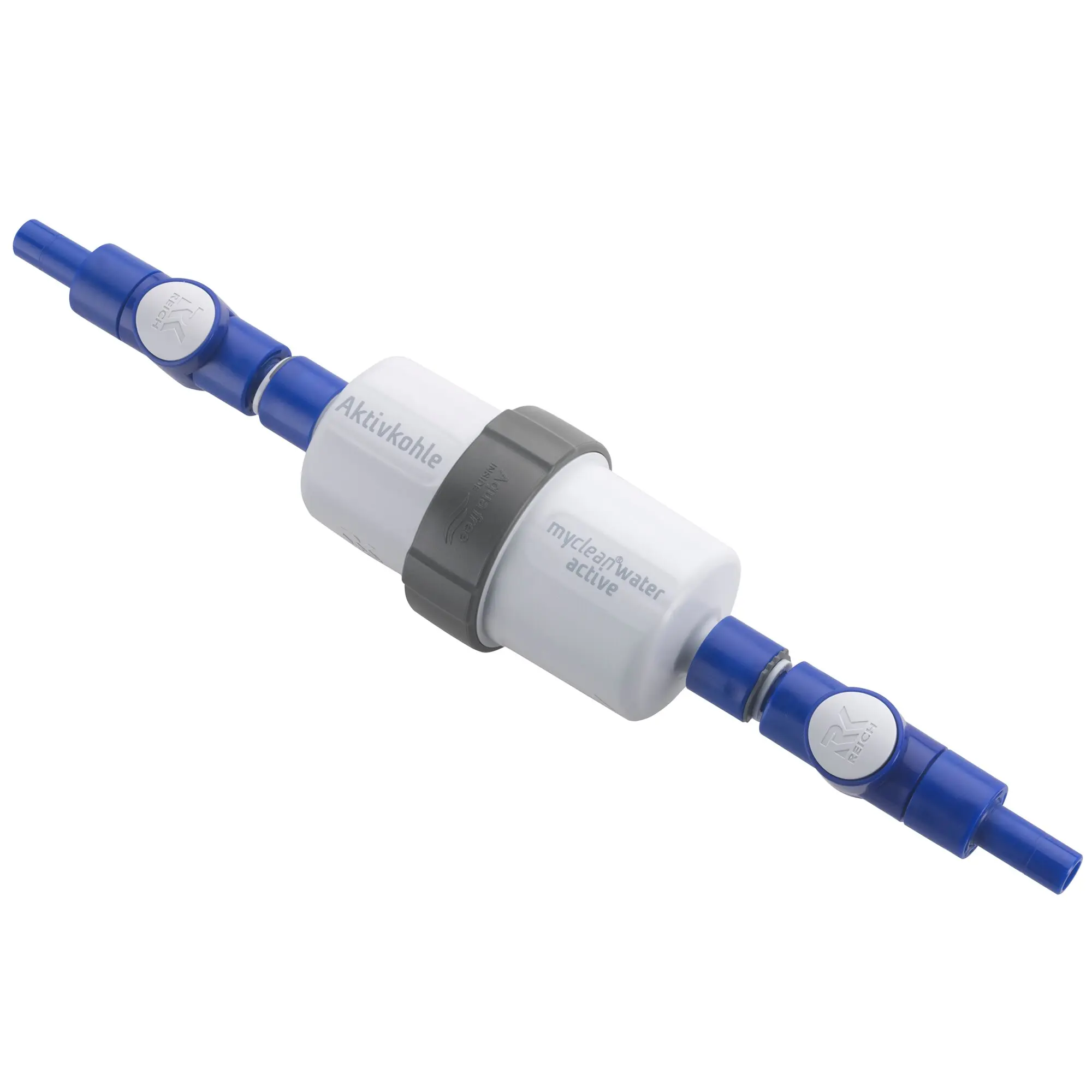 Nahaufnahme eines Aktivkohlefilters mit blauem Anschlussstück und grauem Gehäuse, sichtbare Beschriftung Aktivkohle und myclean water active