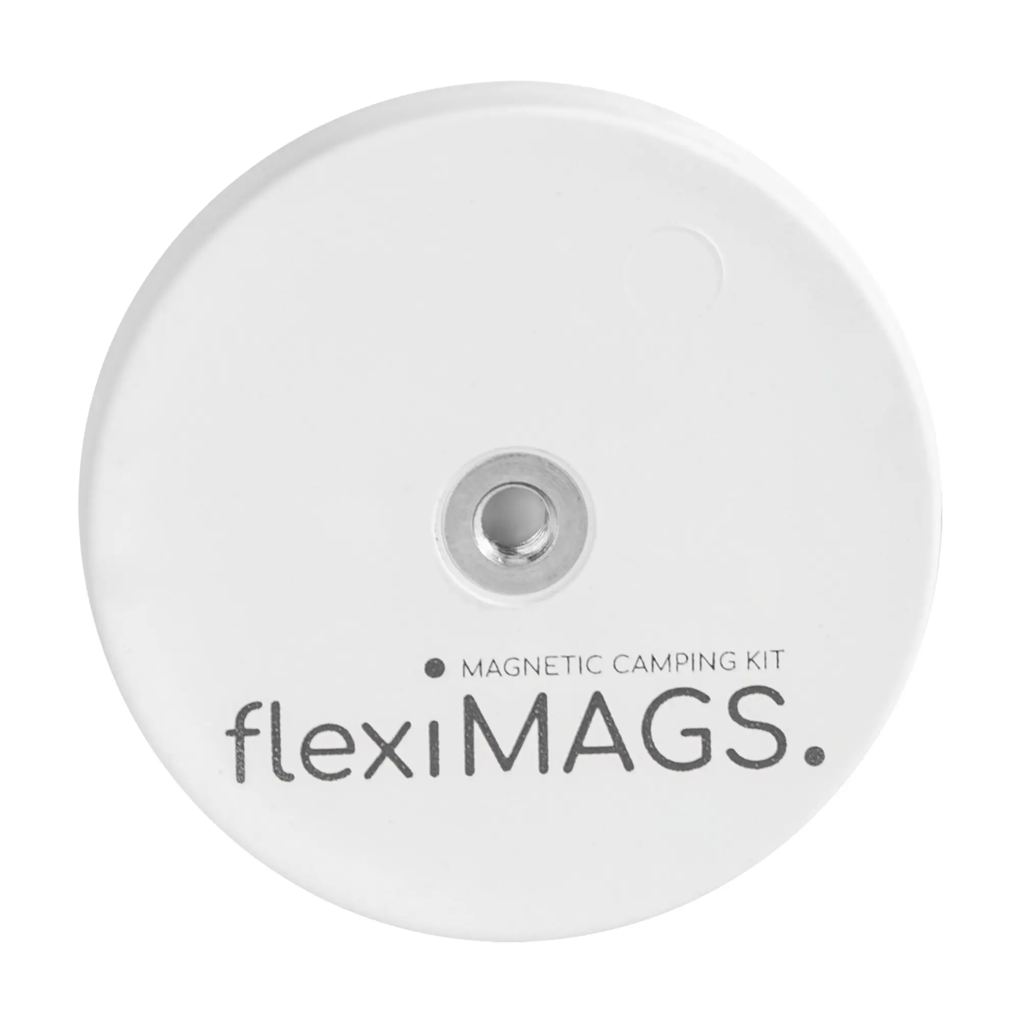 Weiße, runde Kunststoffscheibe mit zentralem Metallring; unten ist flexiMAGS sowie Magnetic Camping Kit zu sehen