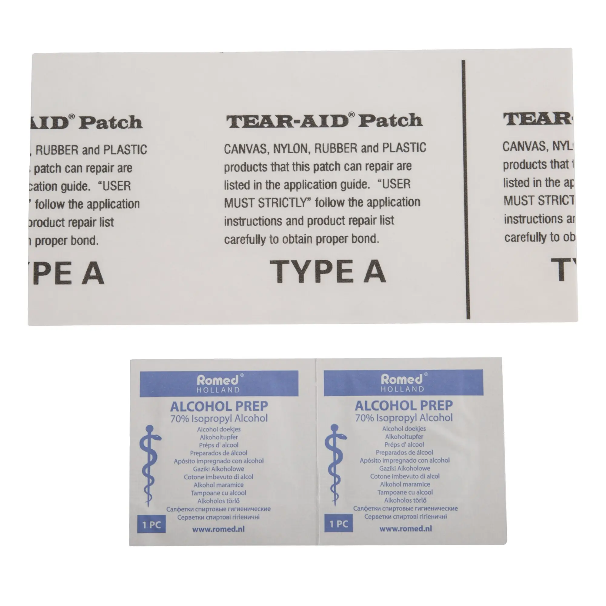 Weißes Tear-Aid Patch Typ A Verpackung mit TYPE A Schrift; Text zu Canvas Nylon Rubber Plastic und zwei Alcohol Prep Pads von Romed Holland