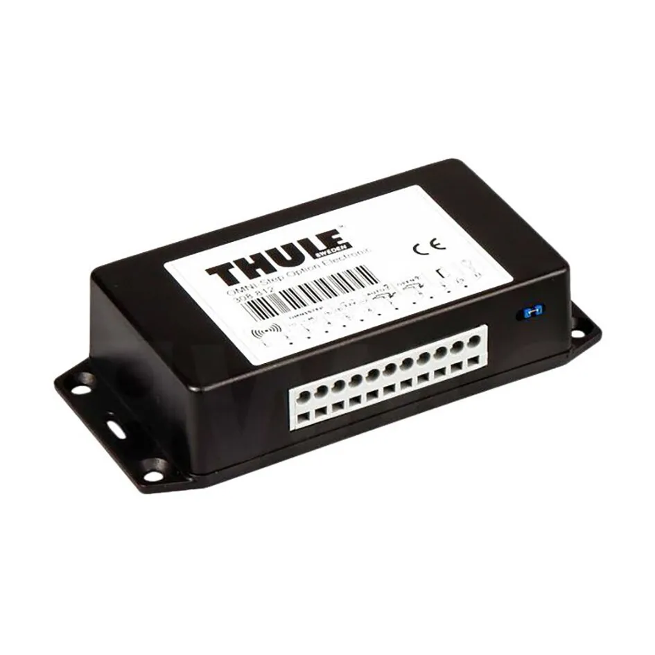 Schwarze Control-Box für Thule Steps 12 V mit weißem Anschlussklemmenblock, Montageflanschen und Thule-Beschriftung