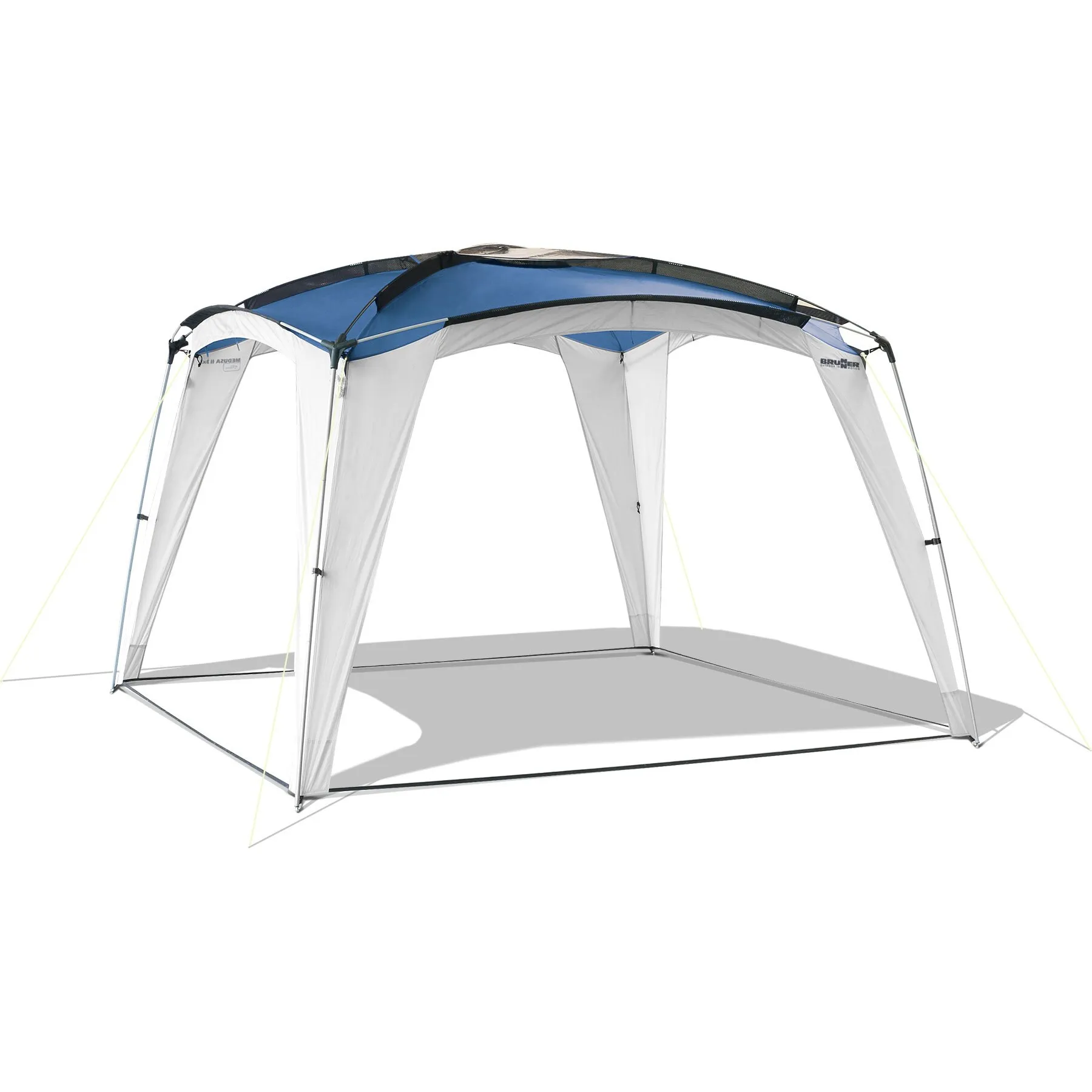 Leichtpavillon Medusa II von Brunner in Blau und Weiß mit offenem Zeltdach, Moskitonetz und Abspannleinen, 300 cm