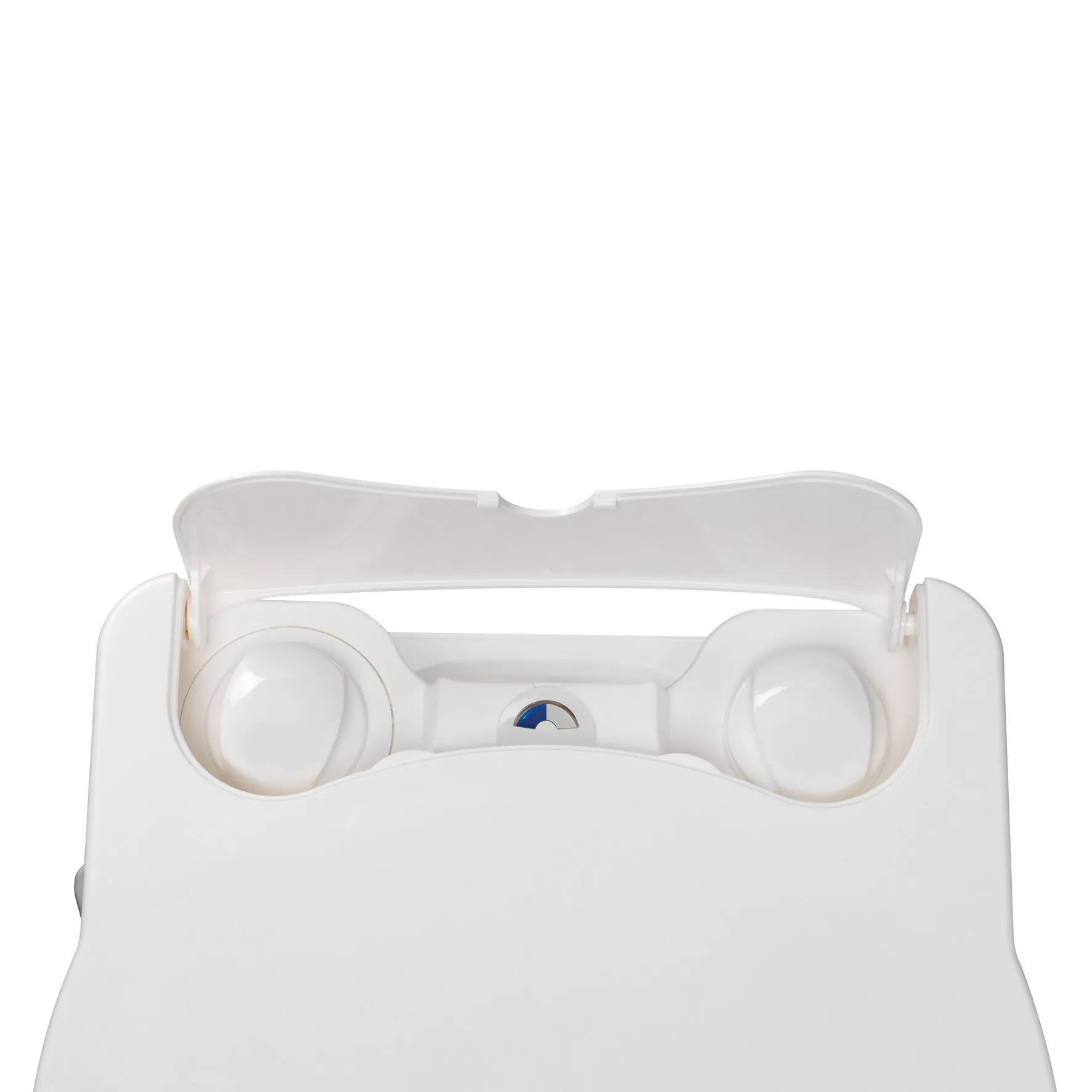 Innenansicht der weißen Campingtoilette Porta Potti PP 565 mit geöffnetem Deckel und sichtbarer Spülmechanik