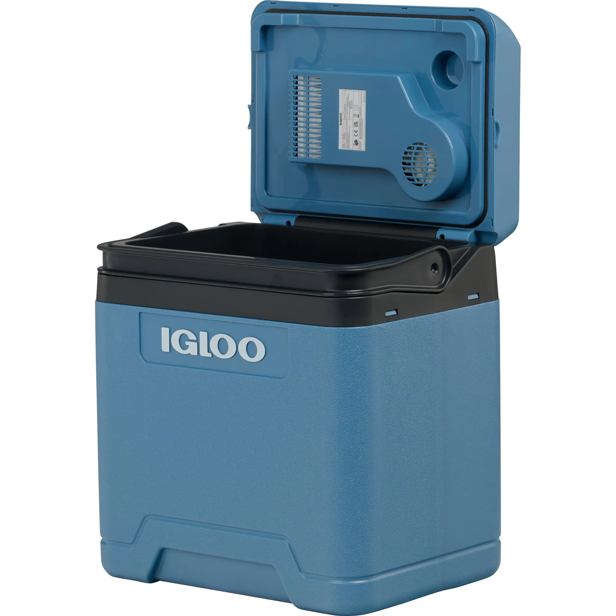 Offener blauer Igloo IE 27 Kühlbox mit Deckel nach oben, Innenraum dunkel, Ventilgitter sichtbar, IGLOO-Logo vorne