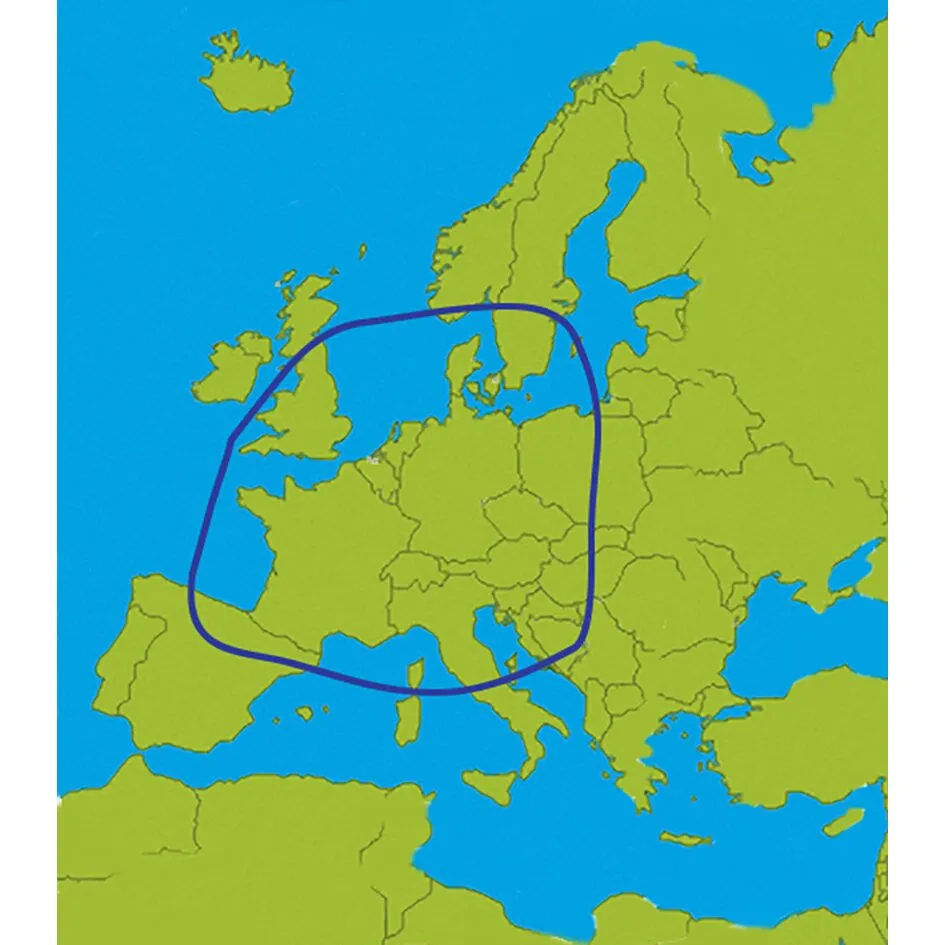 VuQube Auto II mit Europakarte und blau umrandetem Bereich der sichtbaren Satellitenabdeckung