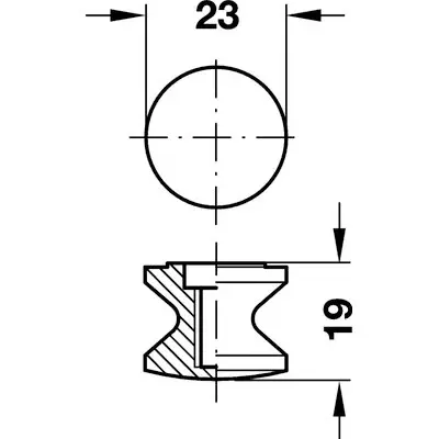 Technische Zeichnung eines hellgrauen Druckknopfs, Draufsicht Kreis Ø23 mm, Seitenansicht mit Innenhohlraum und Sockeldesign, Höhe 19 mm