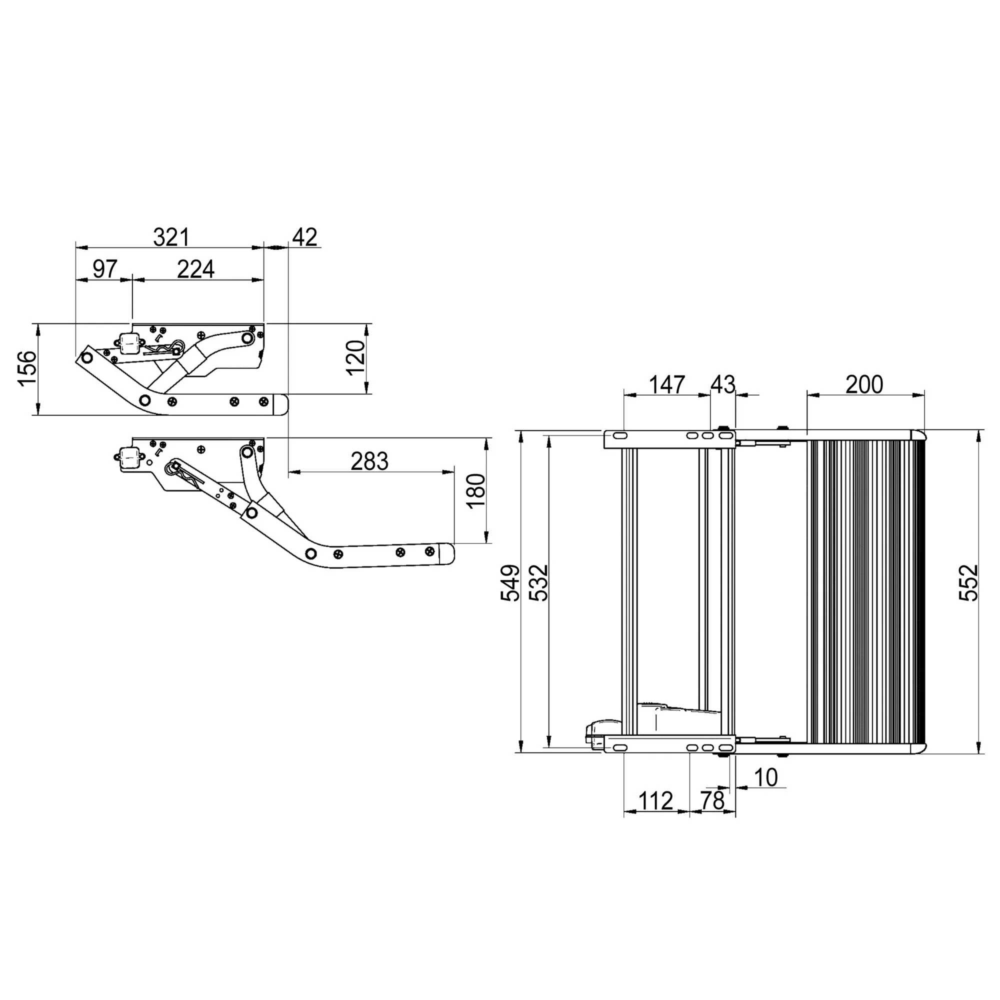 Technische Maßzeichnung der elektrischen Trittstufe Thule Single Step V15 12 V mit Seitenansichten und 552 mm Breite