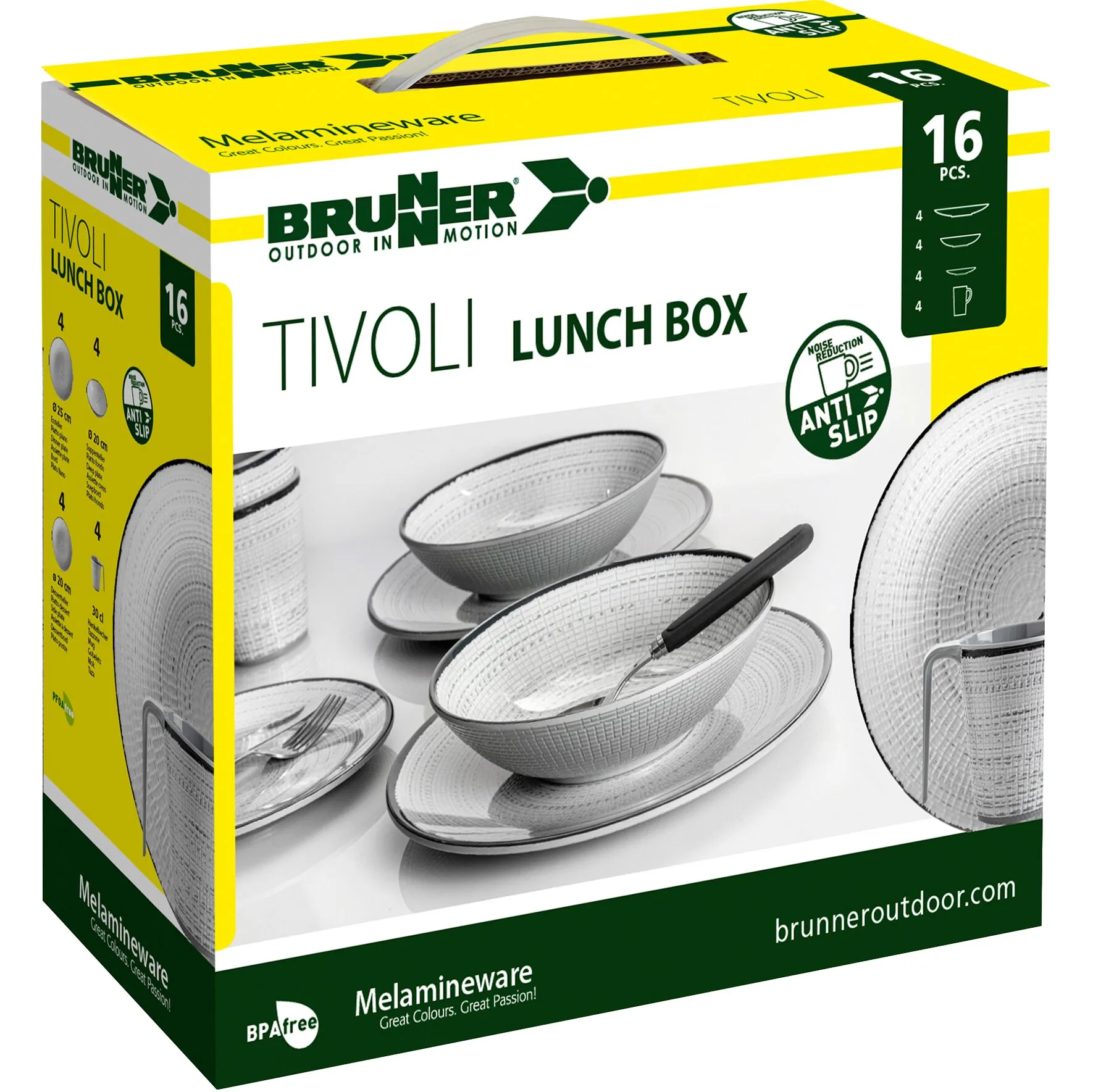 Brunner Tivoli 16-teiliges Melamin-Geschirrset in Weiß mit Tellern, Schalen und Bechern auf der Verpackung