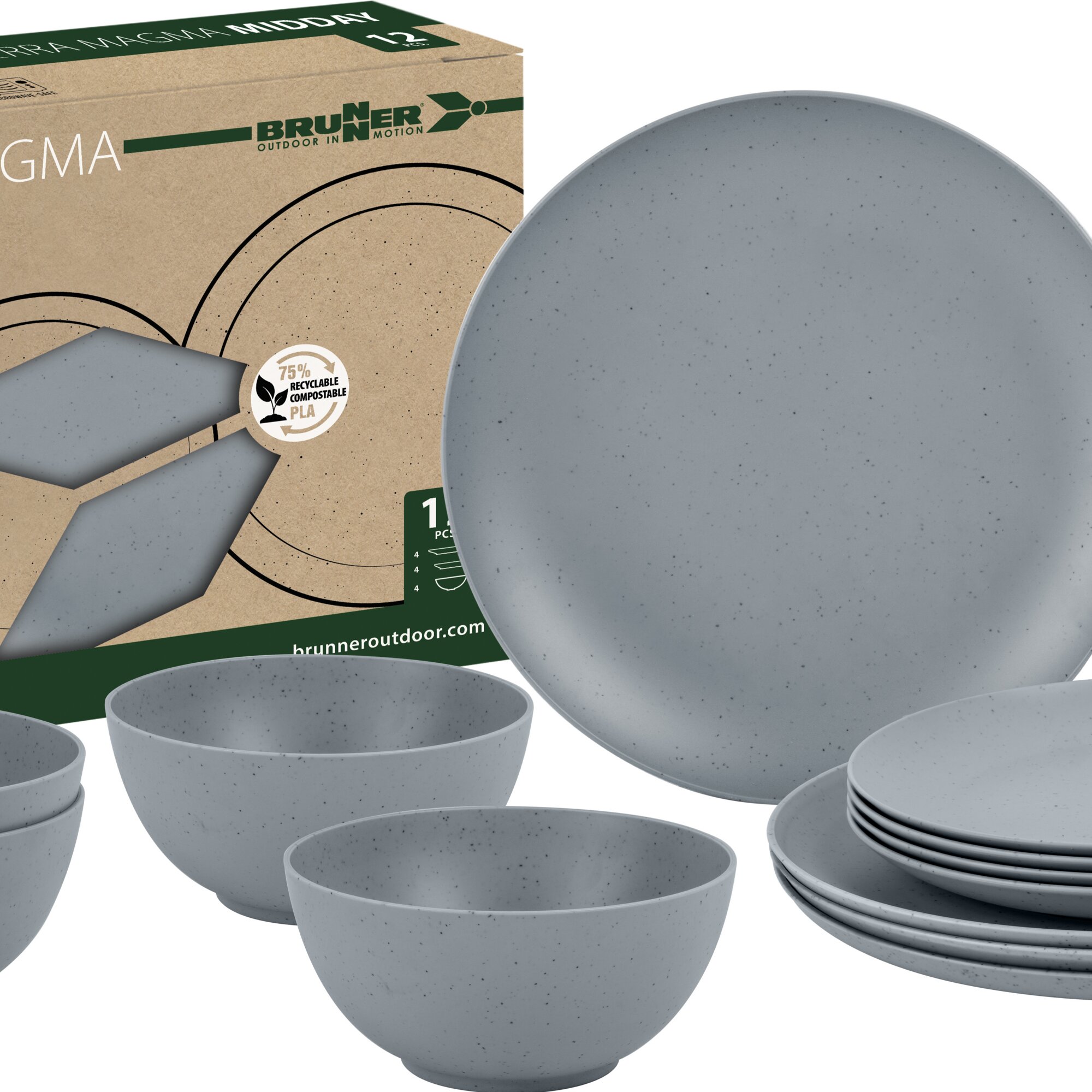 Verpackung des Tierra Magma 12-teiligen Geschirrsets neben grauen Tellern und Schalen mit feinem dunklem Fleckenmuster, Logo Brunner Outdoor sichtbar